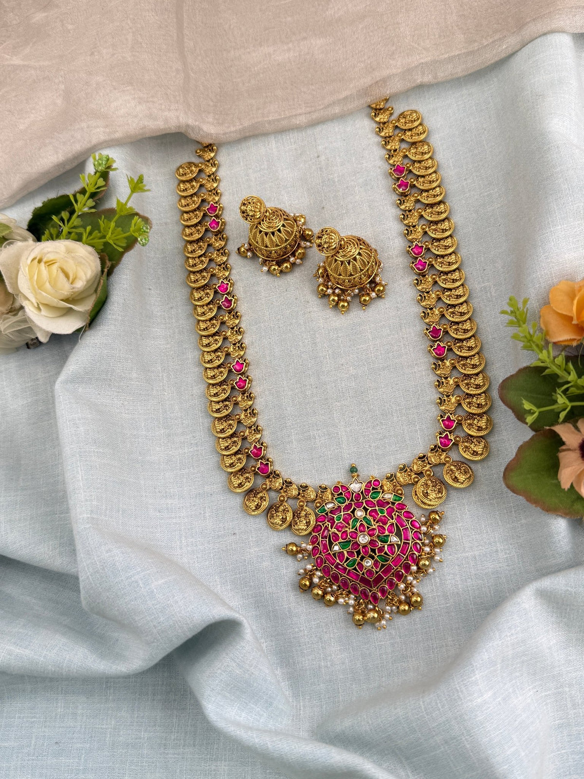 Antique Laksmi Kasu Jadau Kundan Pendant Long Necklace Set | 0113 - Mahilas