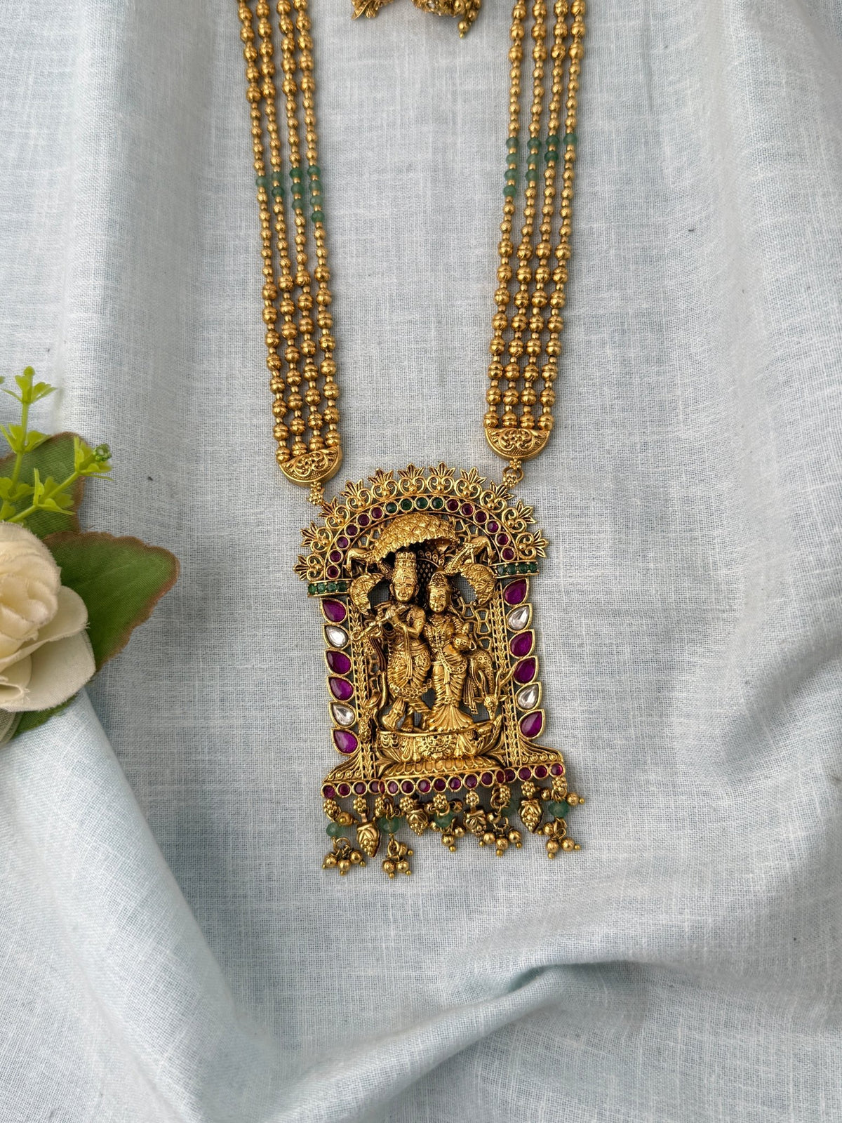 Antique Layered Necklace Grand Radha Krishna Pendant Long Set| N1182 - Mahilas