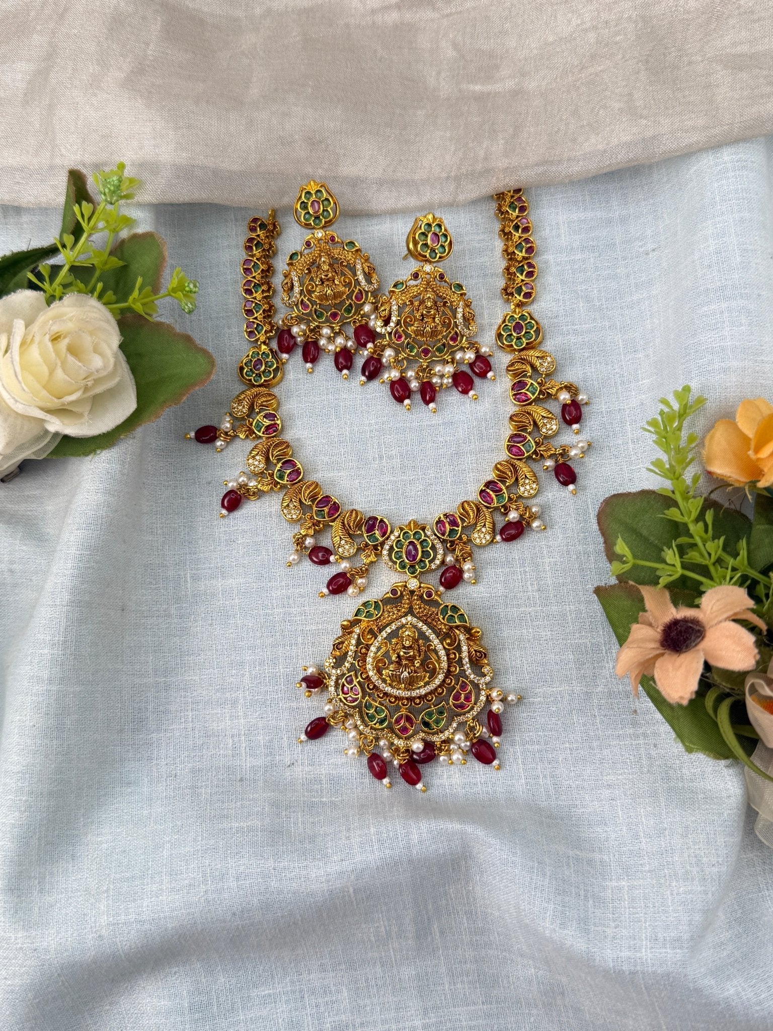 Antique Necklace Lakshmi Pendant Long Set | N0469 A - Mahilas