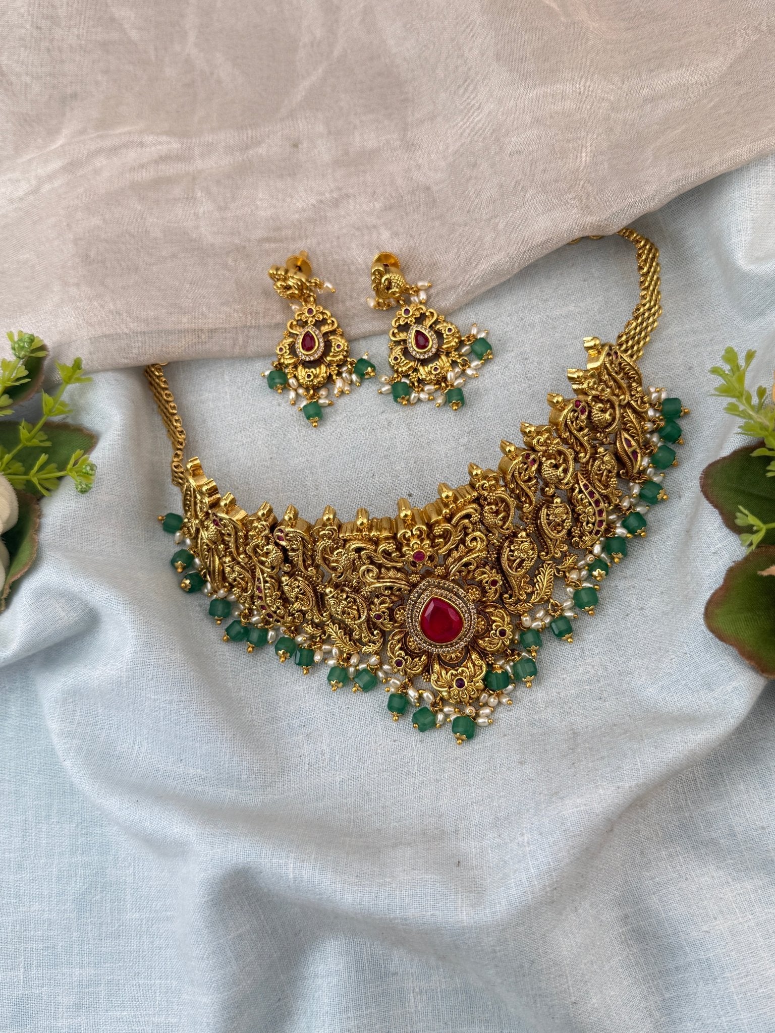 Antique Necklace Peacock Royal Choker Set | N0110 - Mahilas