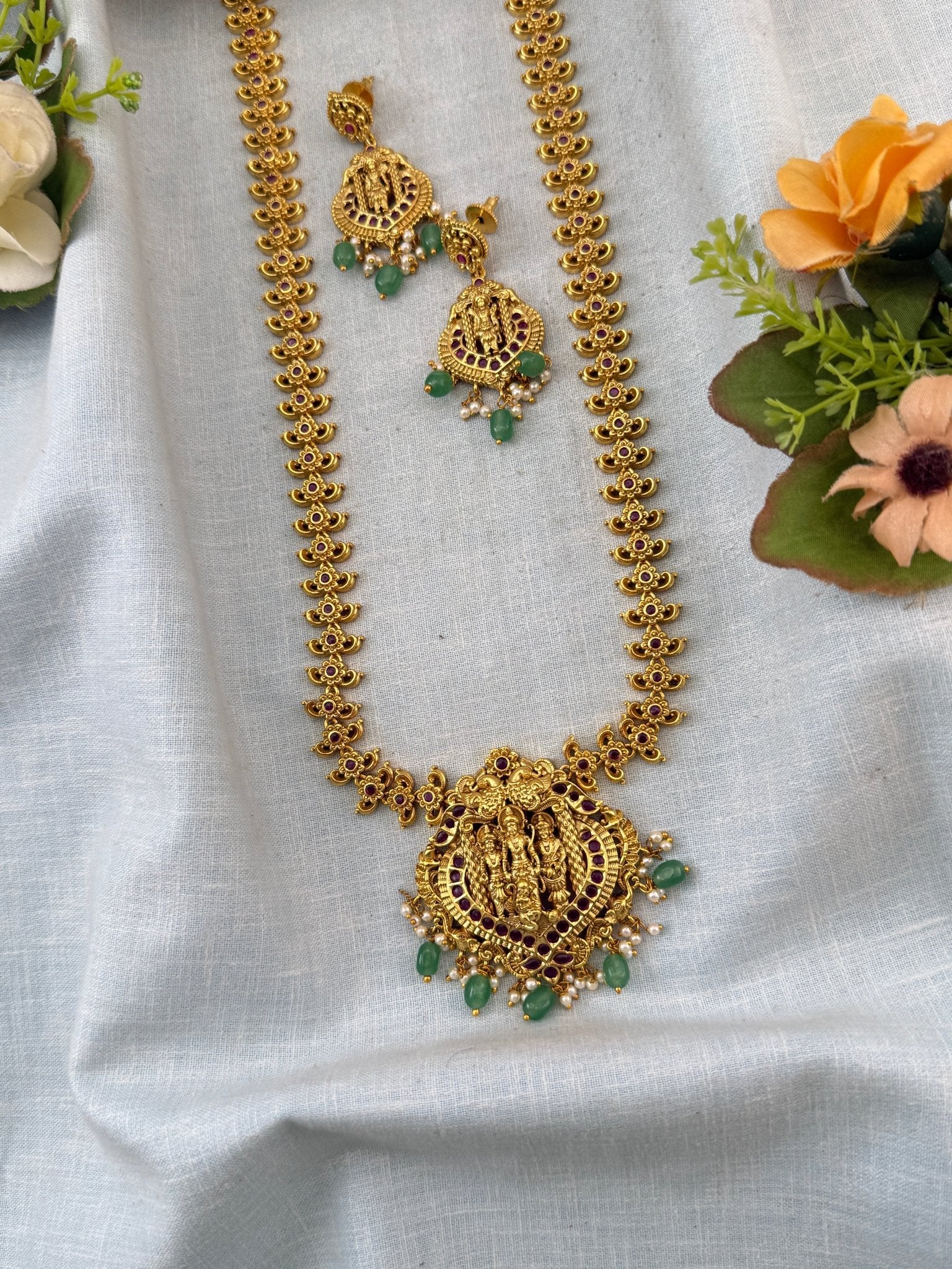Antique Necklace Ram Parivar Pendant Grand Long Set | N0101 - Mahilas