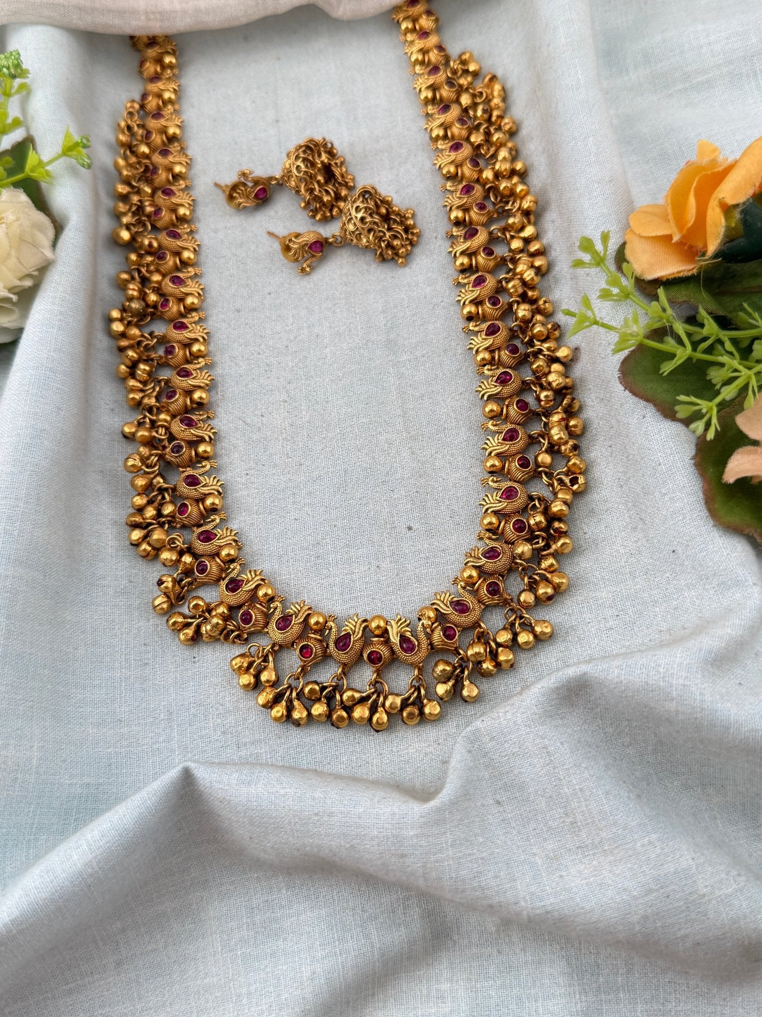 Antique Peacock Gajje Long Necklace Set | No231 - Mahilas