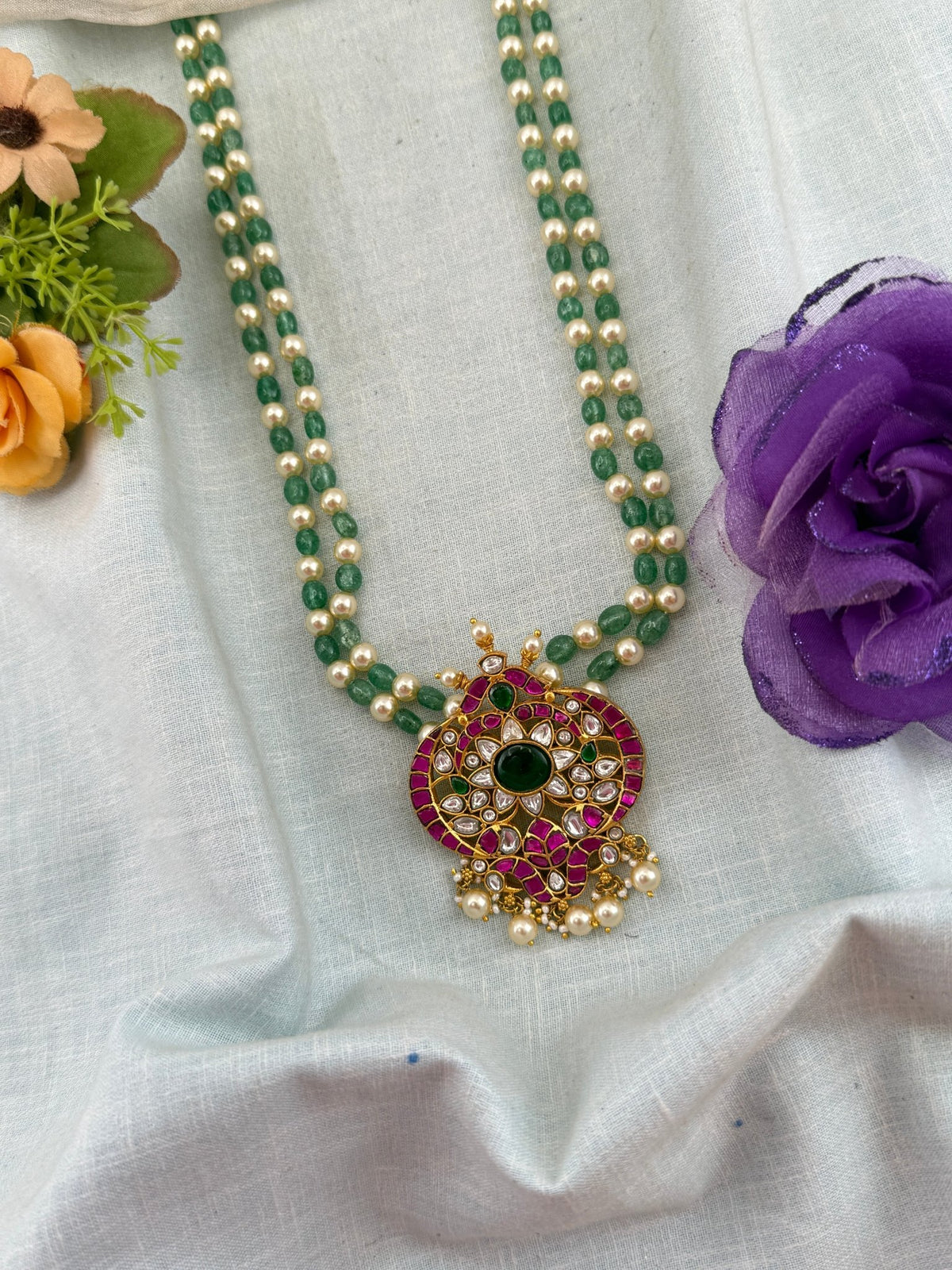 Antique Pearl Mid Long Jadau Pendant Beads Chain | 233 - Mahilas