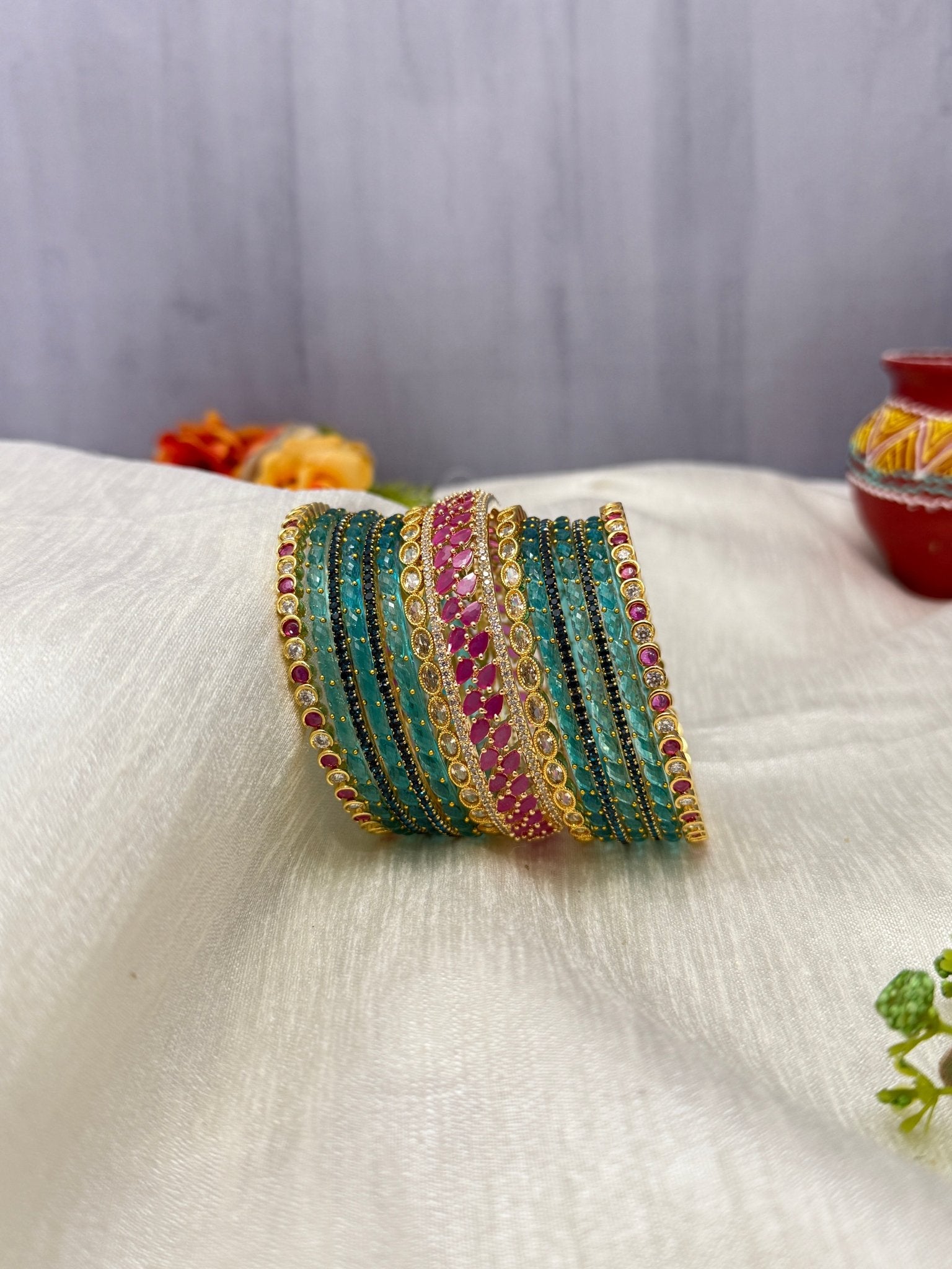 Beautiful Surf Blue And Ruby Stone & Glass Bangle Set - 5163 - Mahilas