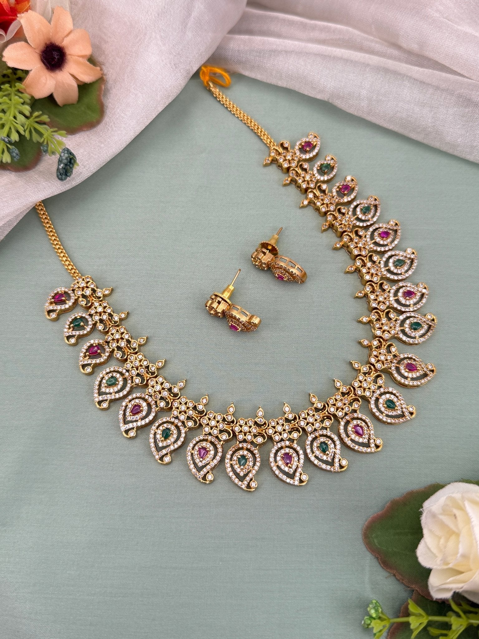 Designer Antique Gold Stone Necklace Set 674 - Mahilas