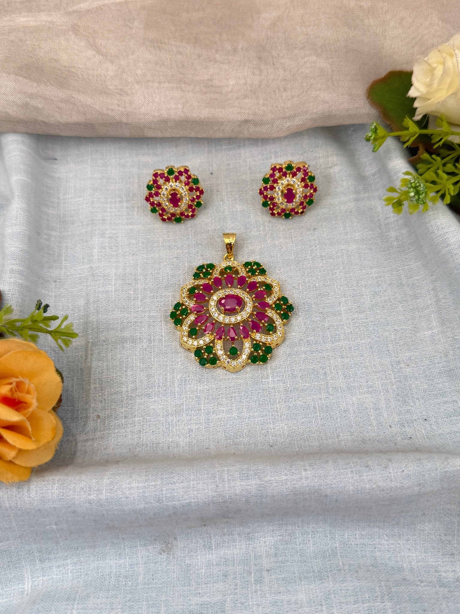 Designer Antique Stone Pendant With Earrings Set 276 - Mahilas