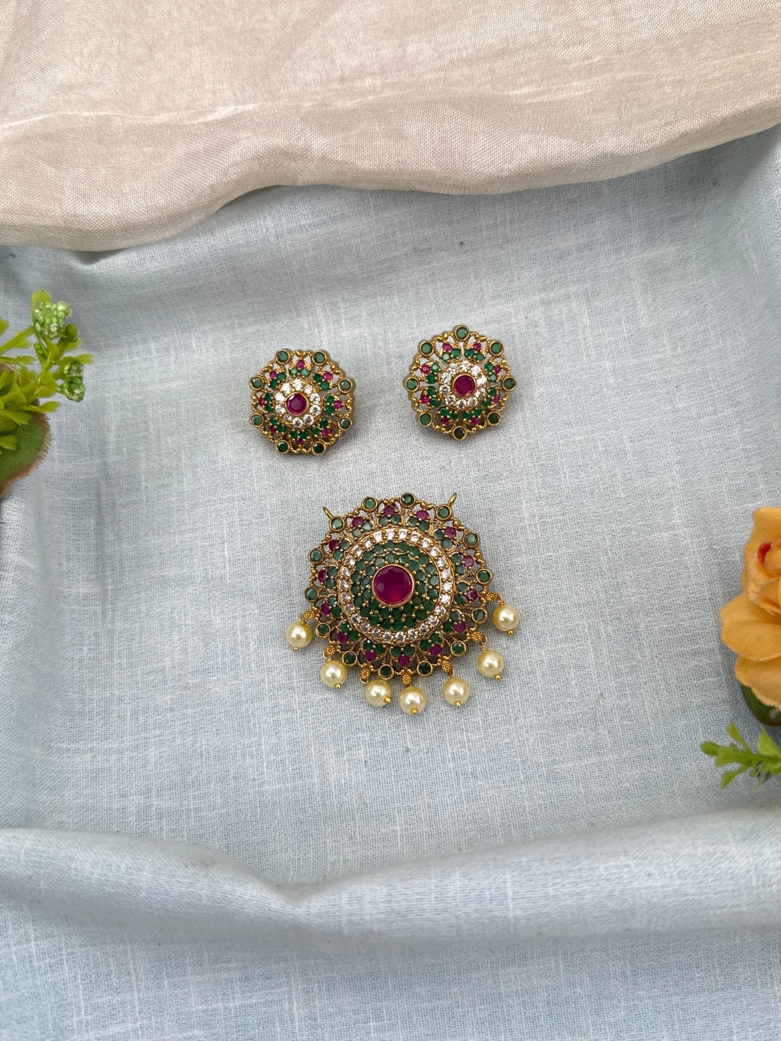 Designer Antique Stone Pendant With Earrings Set 300 - Mahilas