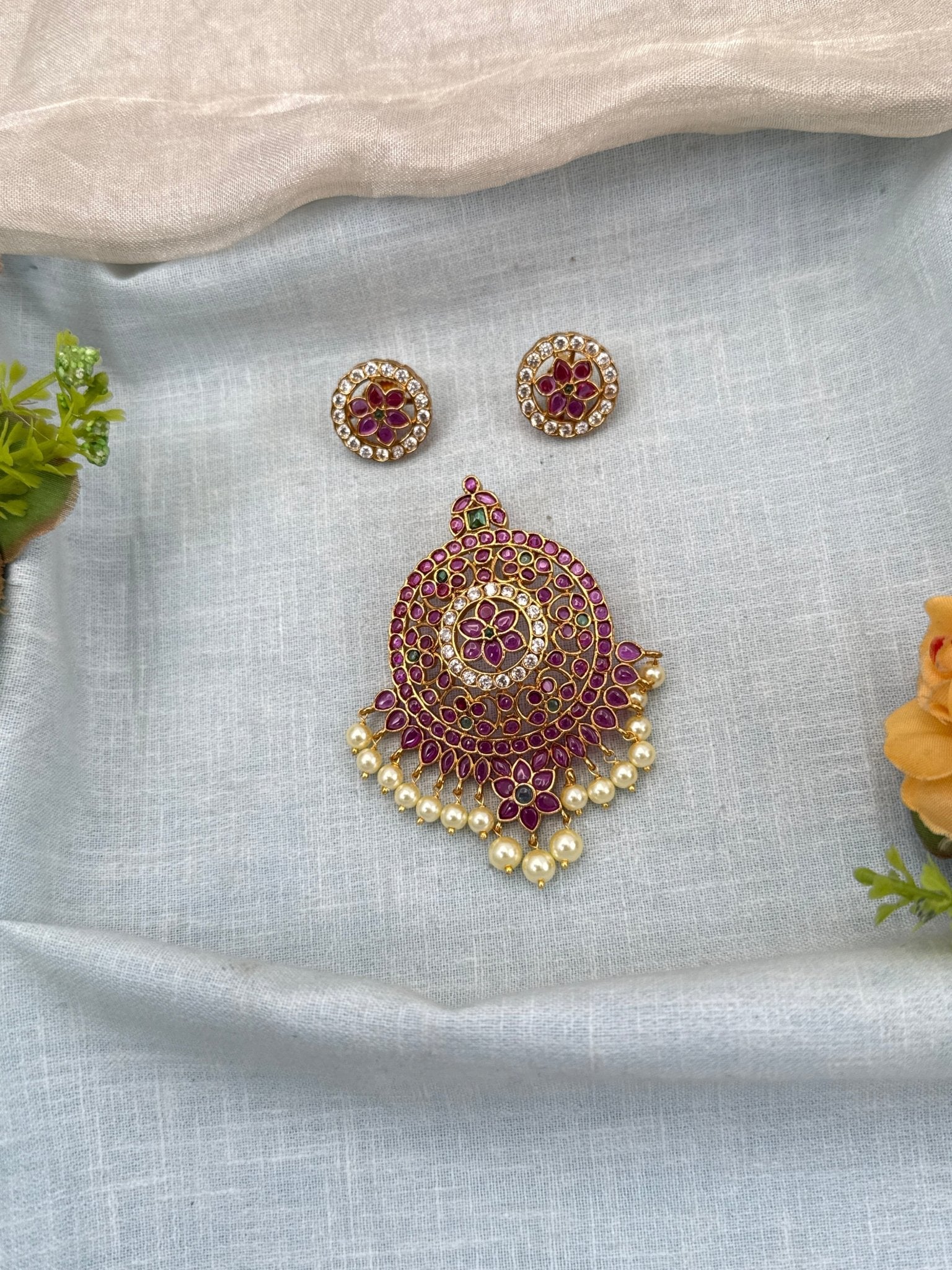 Designer Antique Stone Pendant With Earrings Set 306 - Mahilas