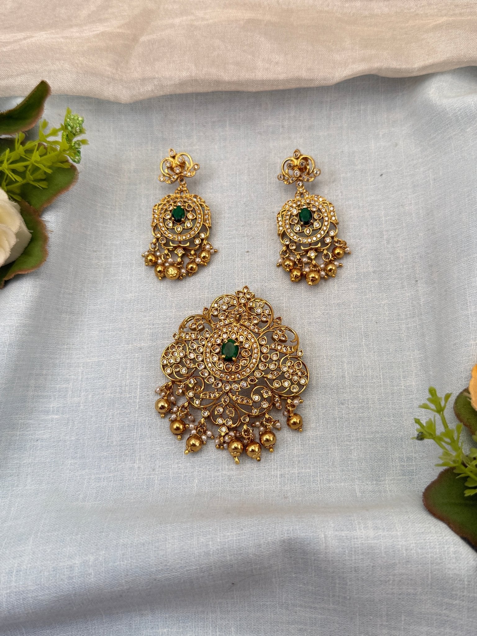 Designer Antique Stone Pendant With Earrings Set 312 - Mahilas