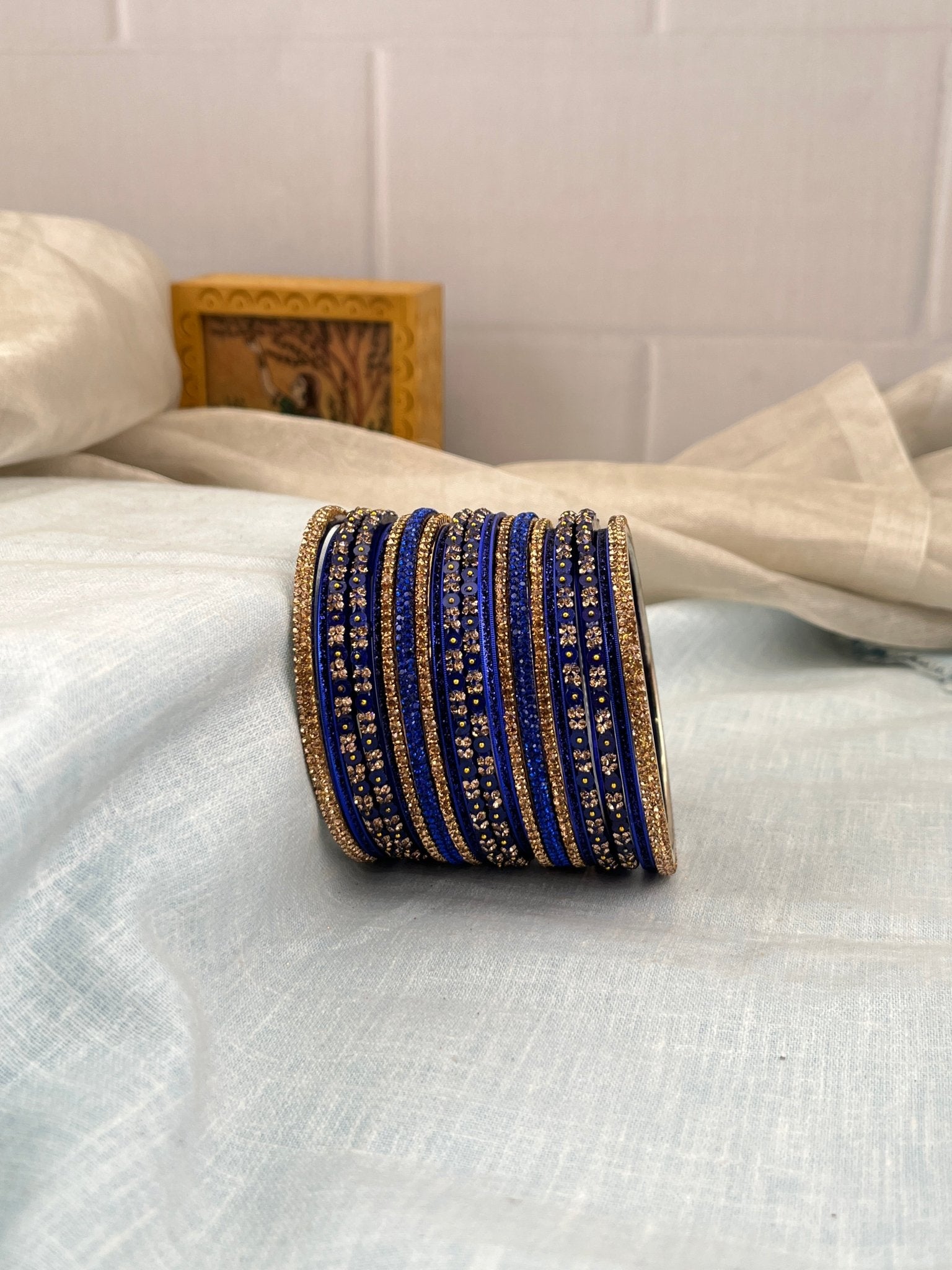 Designer Dark Royal Blue Glass & Stone Bangle Set 5200 - Mahilas