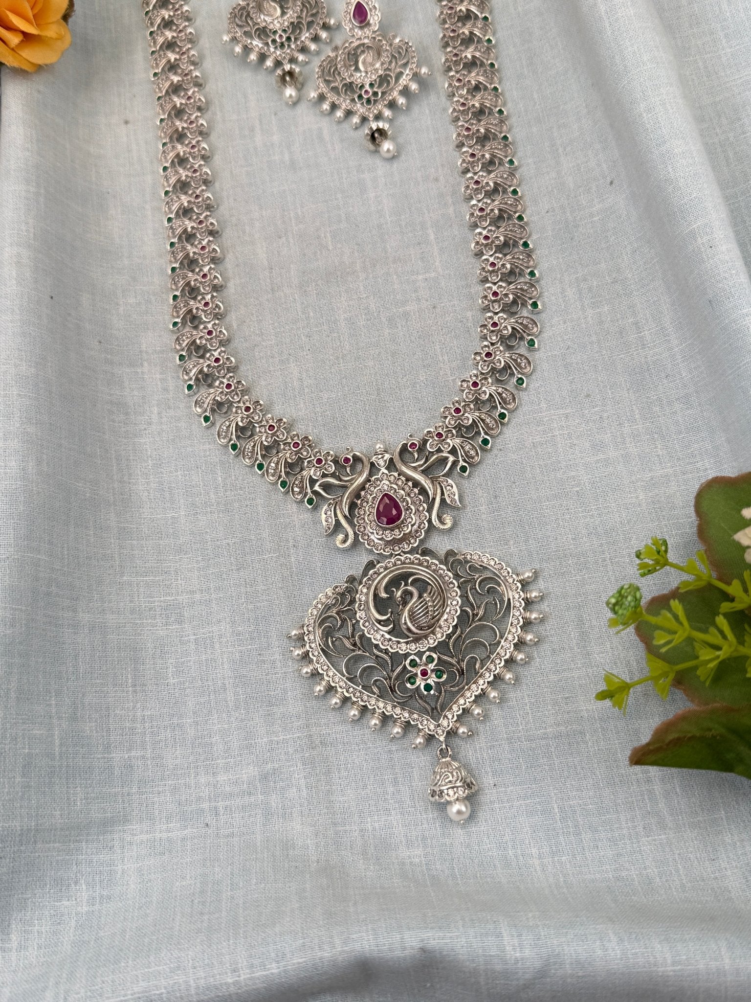 Designer Layer White Metal Mango Long Necklace Set 0445 - Mahilas