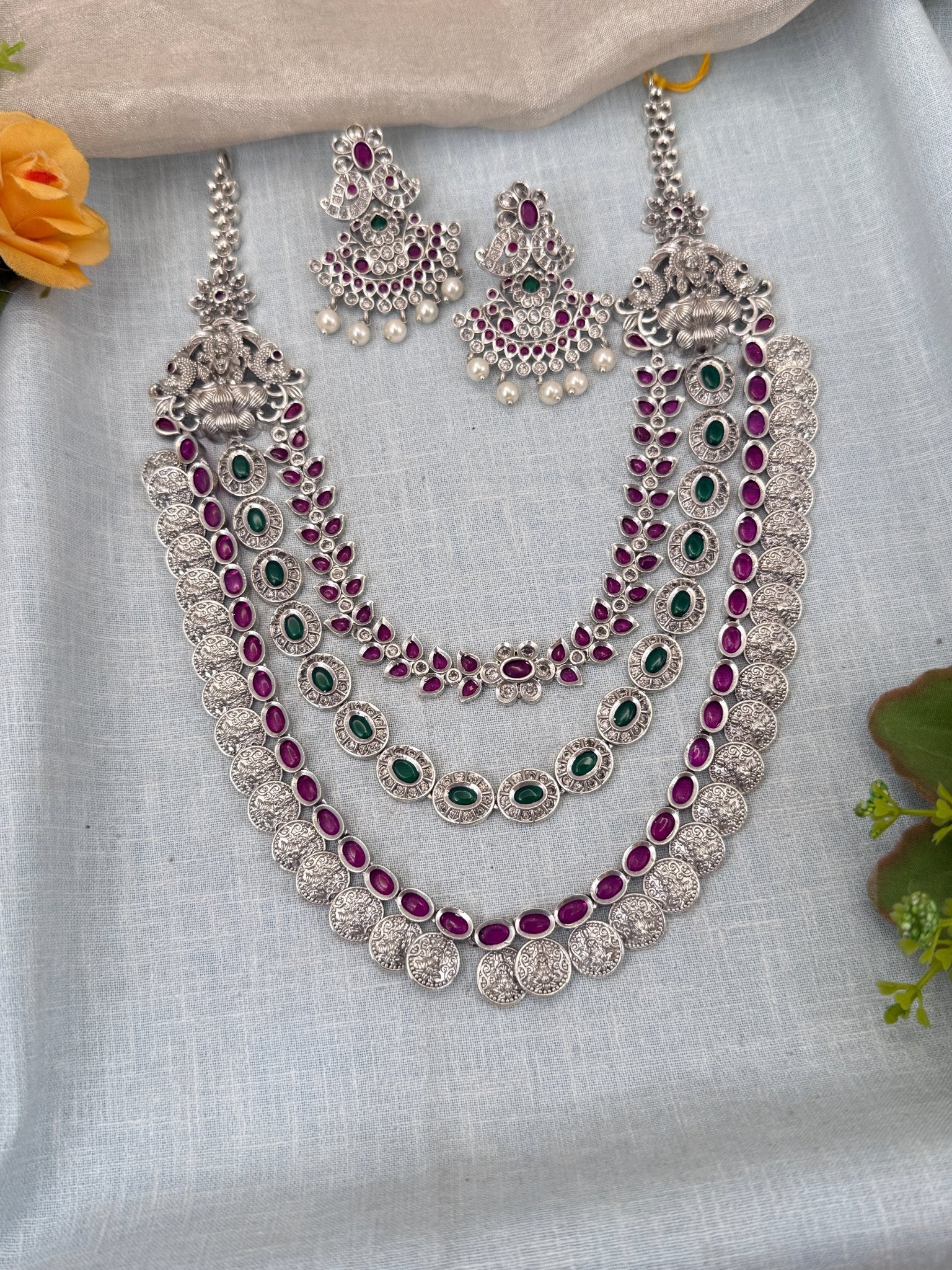 Designer Layer White Metal Mid Long Necklace Set 0444 - Mahilas