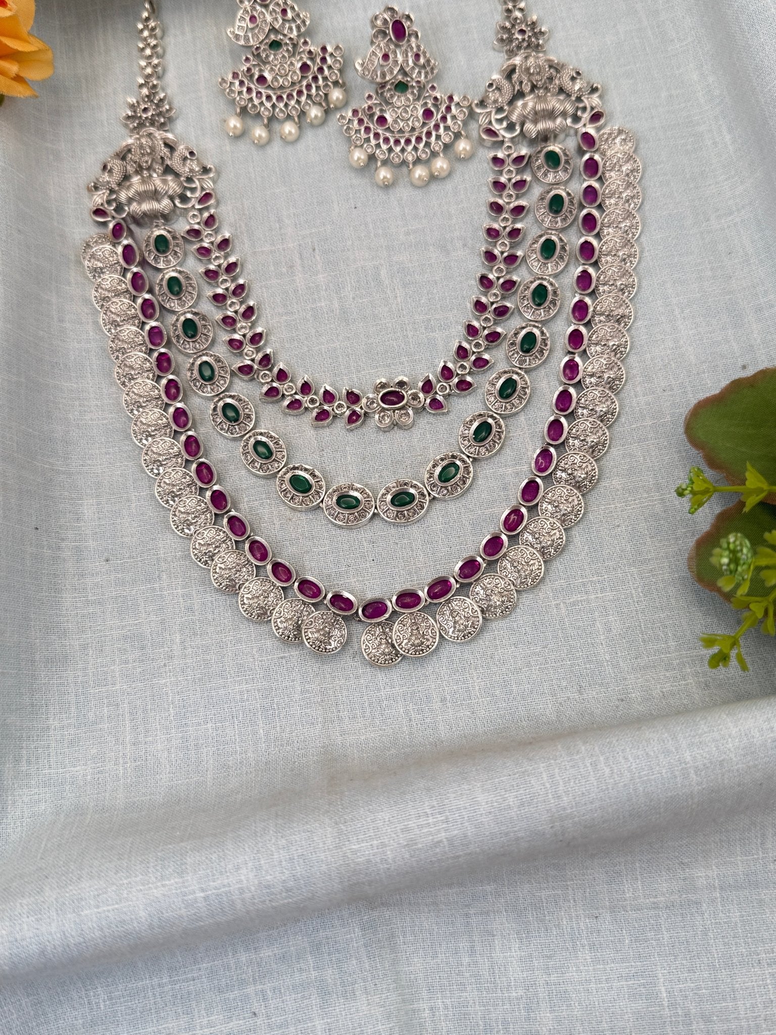 Designer Layer White Metal Mid Long Necklace Set 0444 - Mahilas