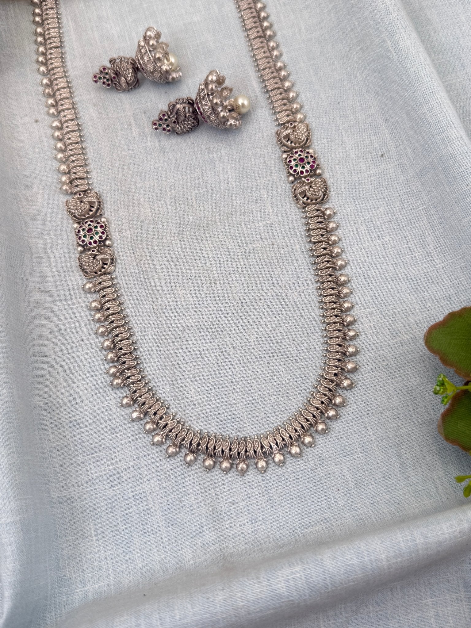 Designer Layer White Metal Peacock Long Necklace Set 0446 - Mahilas