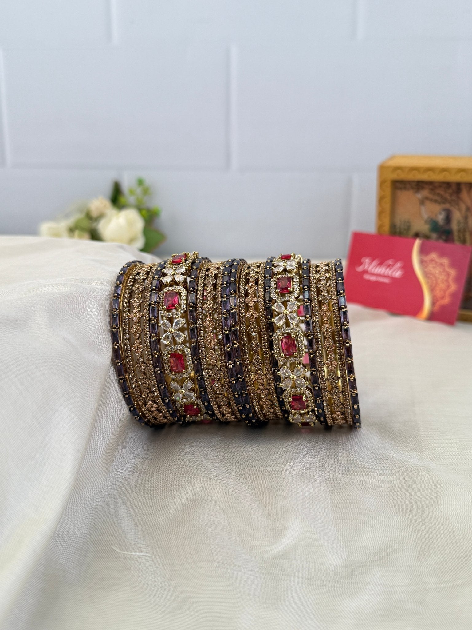 Designer Purple Brown Victorian & Ruby Glass Bangle Set - 5187 - Mahilas