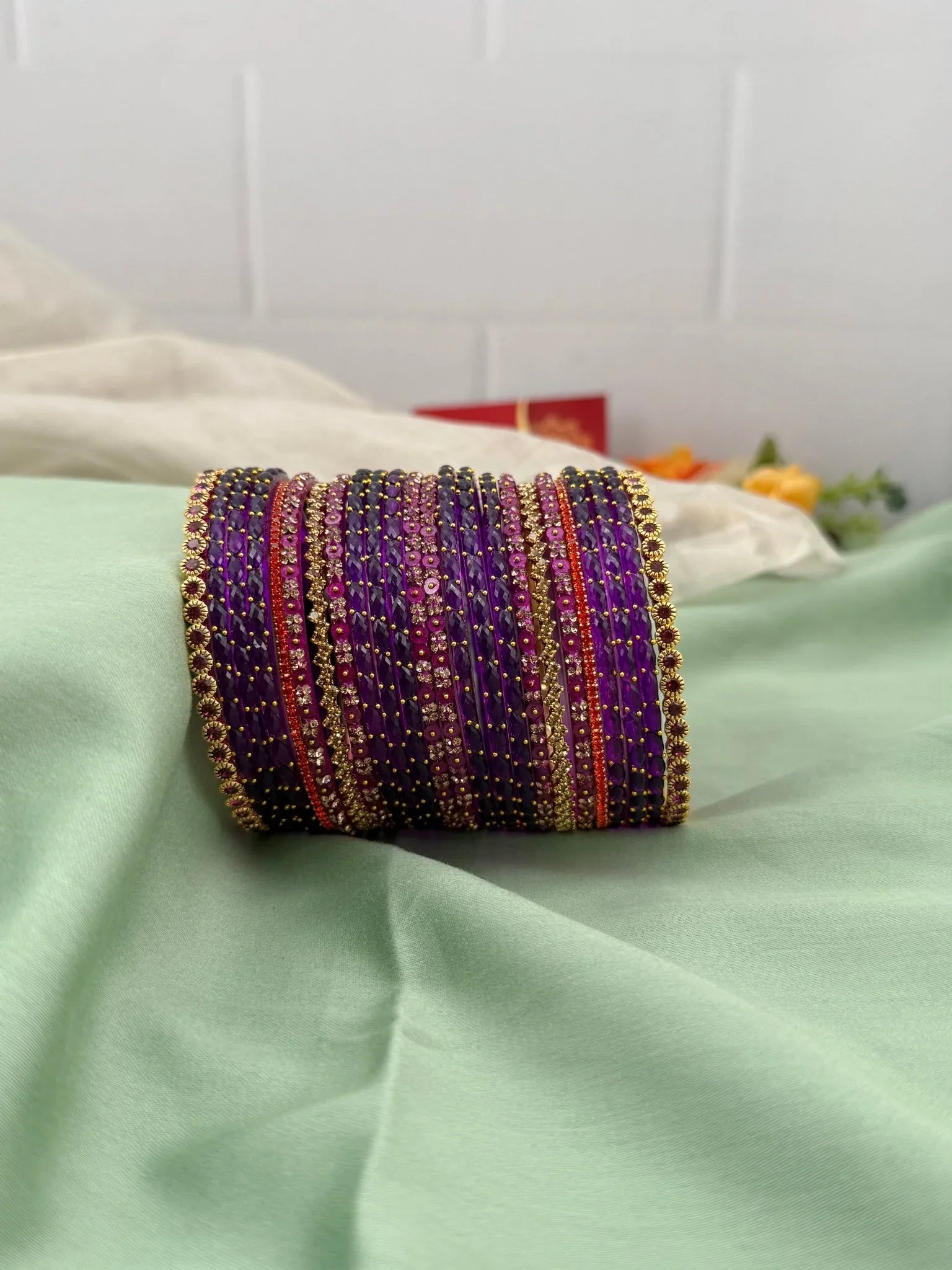 Designer Purple & Majenta Glass & Stone Bangle Set 5201 - Mahilas