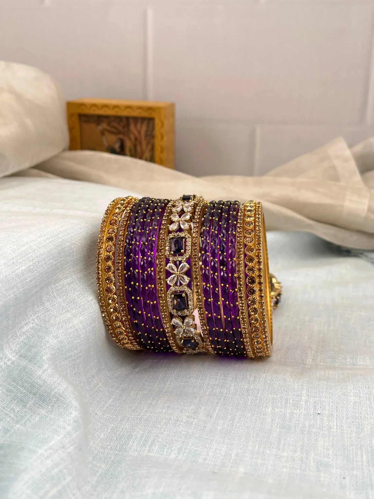 Designer Purple Violet Glass & Victorian Stone Bangle Set 5198 - Mahilas
