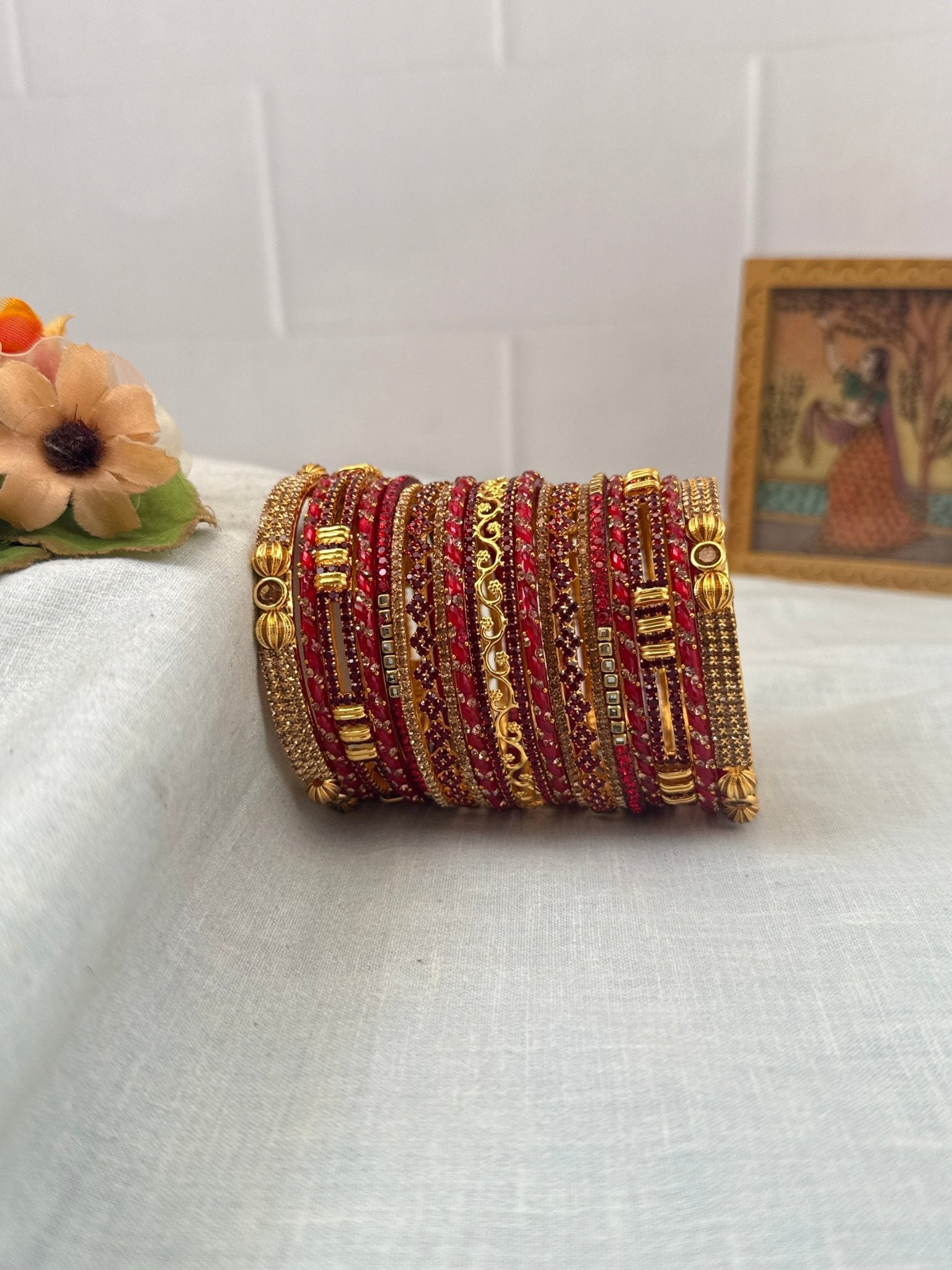 Designer Red Maroon Glass and Stone Bangle Set 5282 - Mahilas