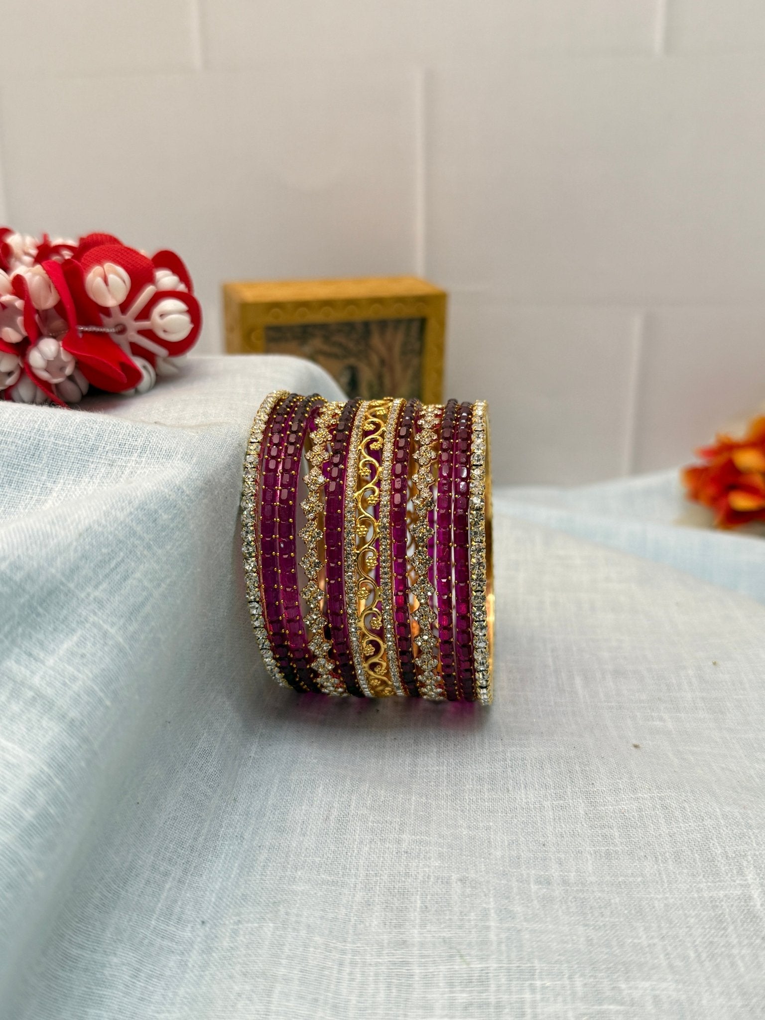 Designer Stone & Glass Bangle Set In 20 Color Options - 5167 - Mahilas