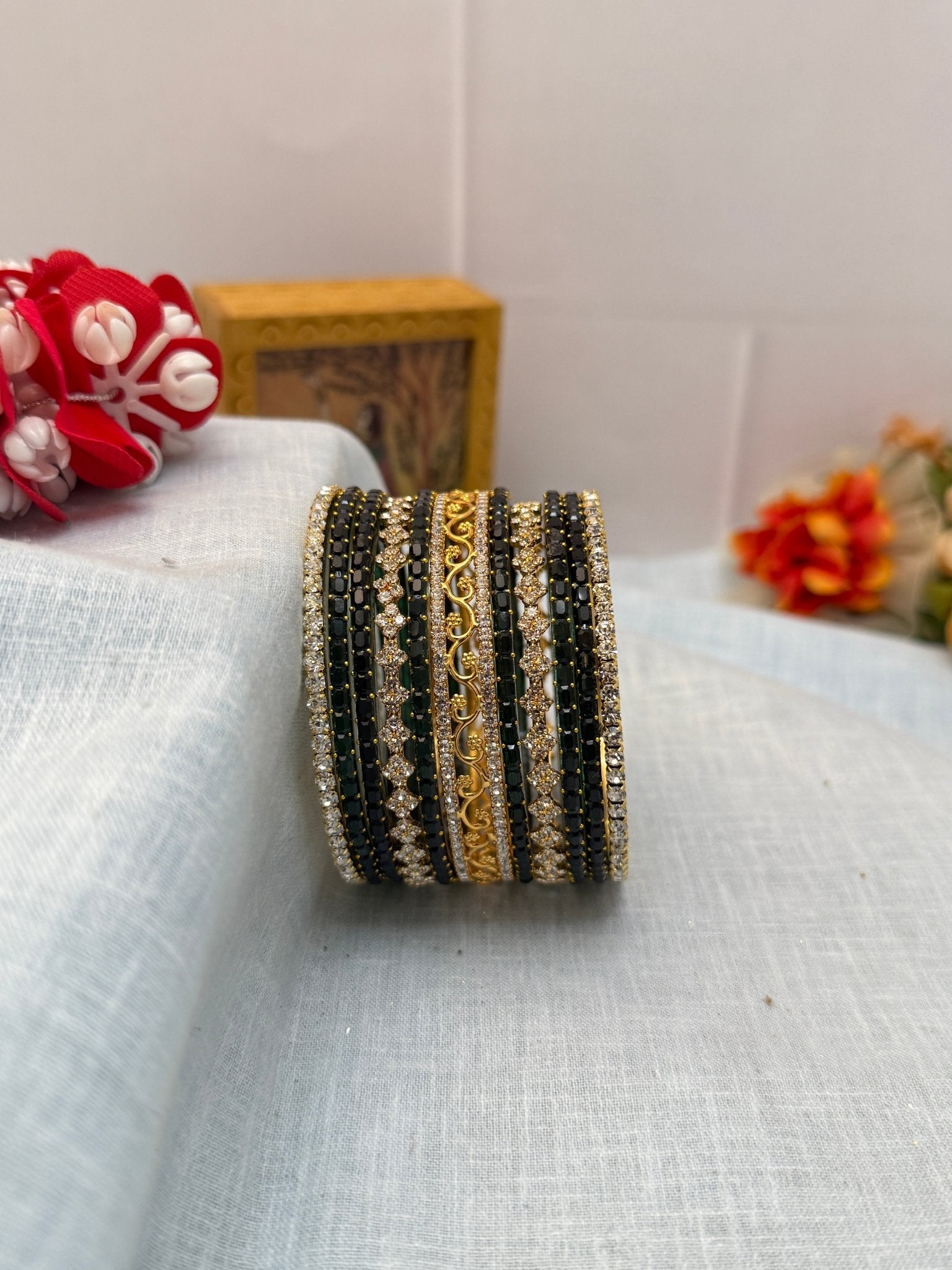 Designer Stone & Glass Bangle Set In 20 Color Options - 5167 - Mahilas