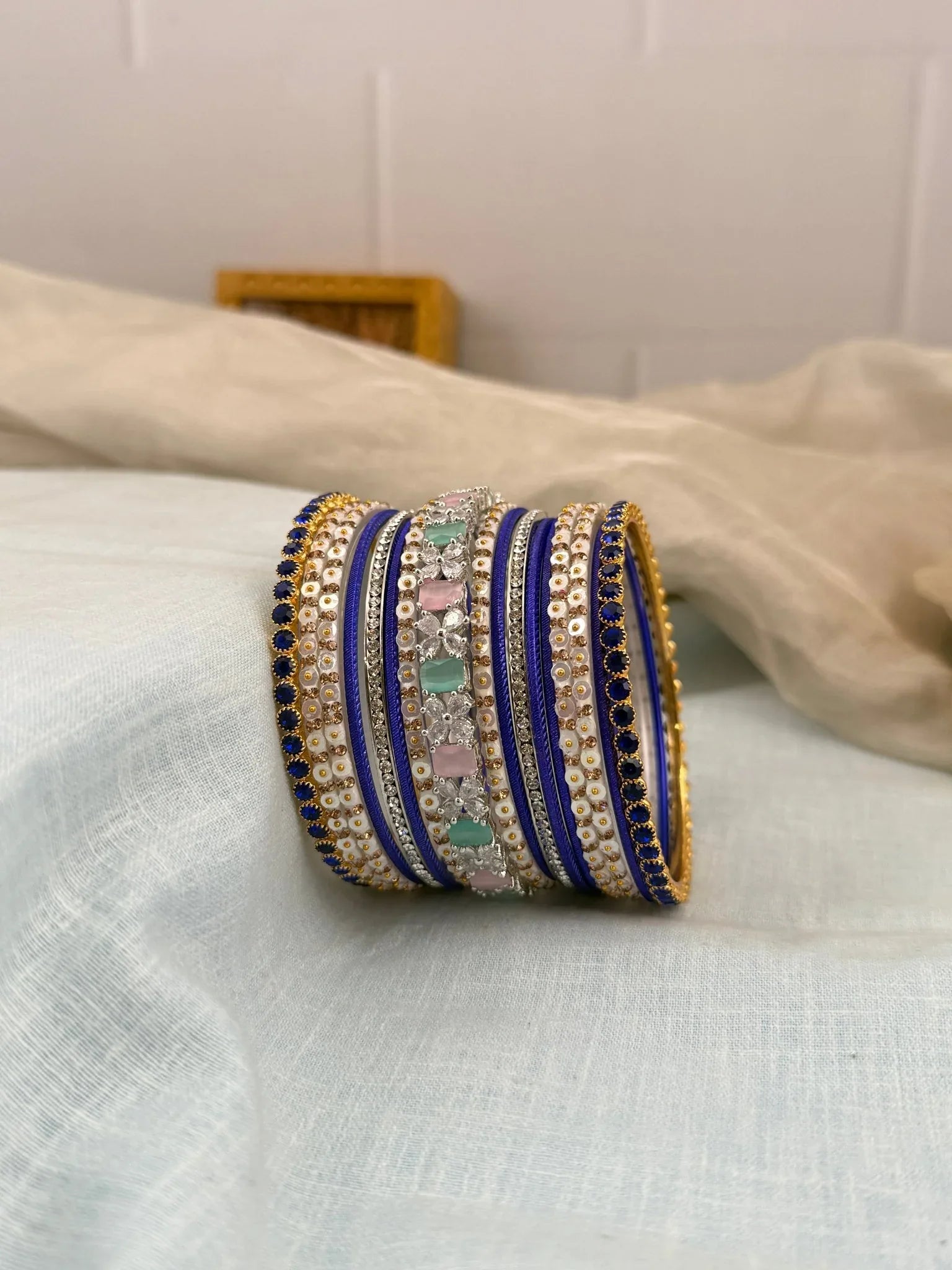 Designer White & Blue Multi Glass & Stone Bangle Set 5204 - Mahilas