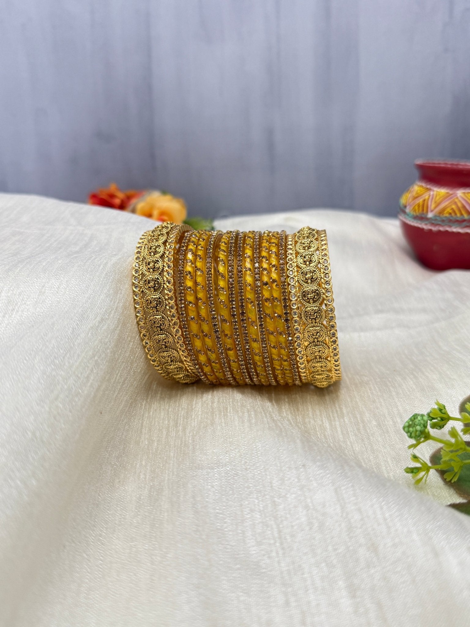 Exquisite Hladi Yellow And Gold Antique Glass Bangle Set - 5161 - Mahilas