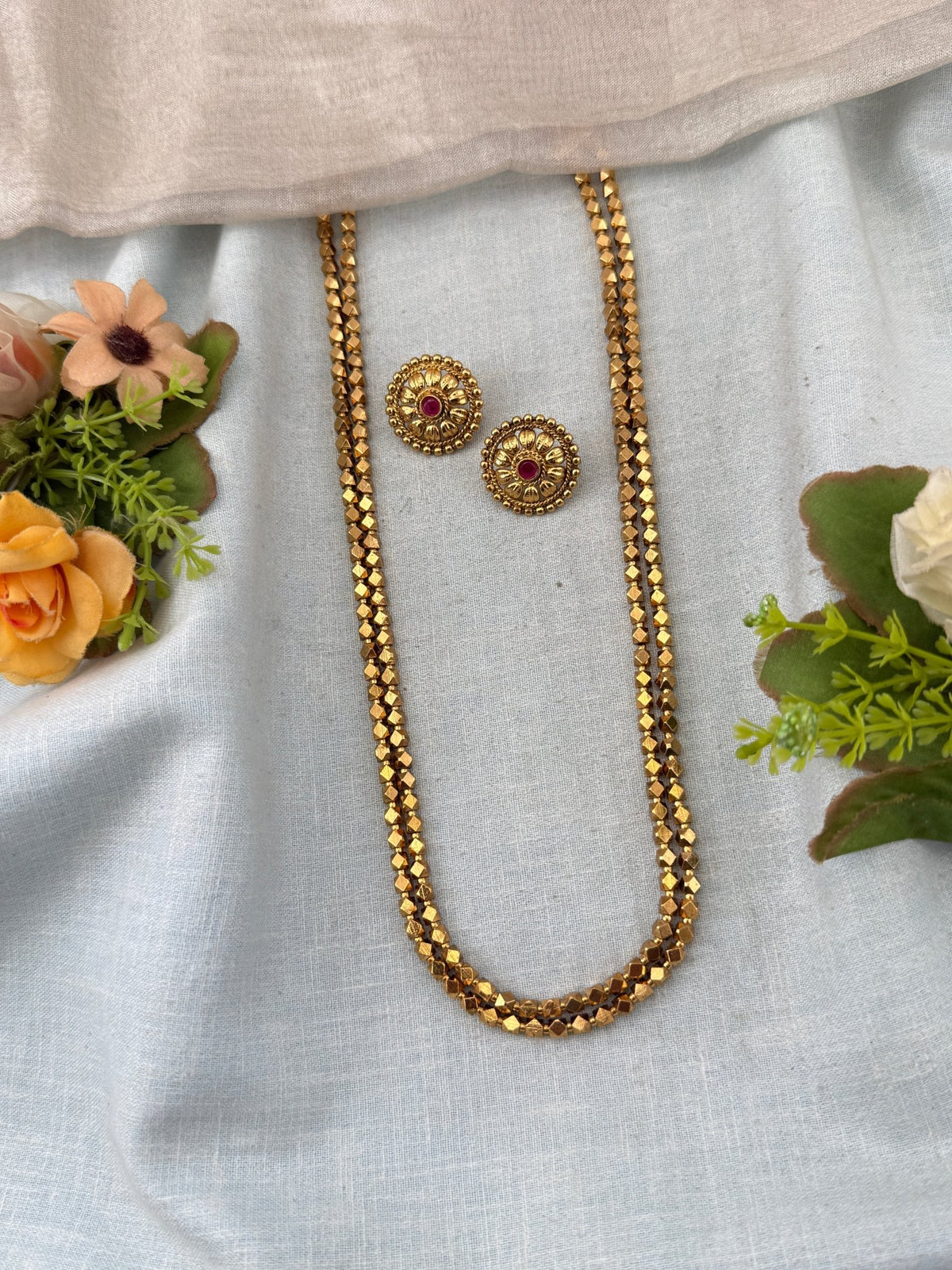 Gold Beads Layered Necklace Long Chain Set | C0006 - Mahilas