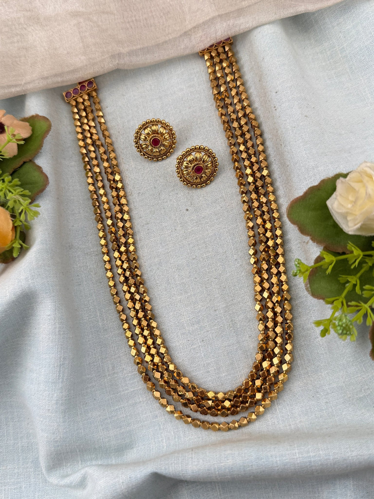 Gold Beads Layered Necklace Long Chain Set | C0008 - Mahilas