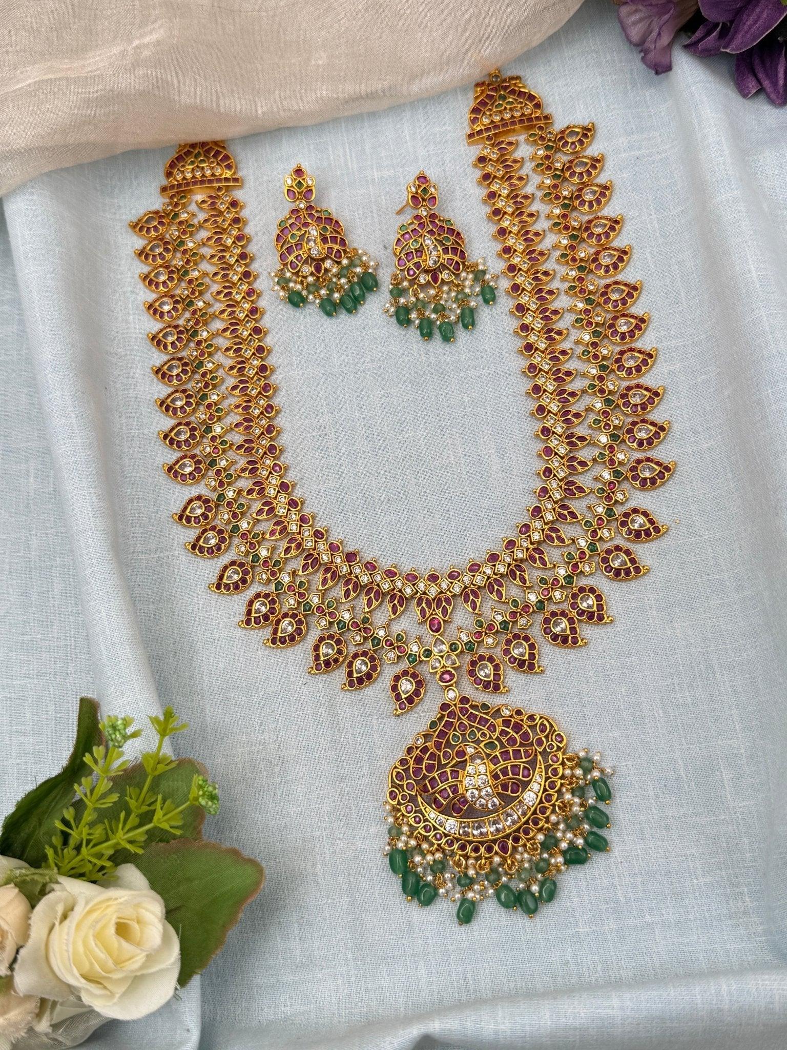 Grand Antique Mango Kemp Stone Mid Long Necklace Set 0211 - Mahilas