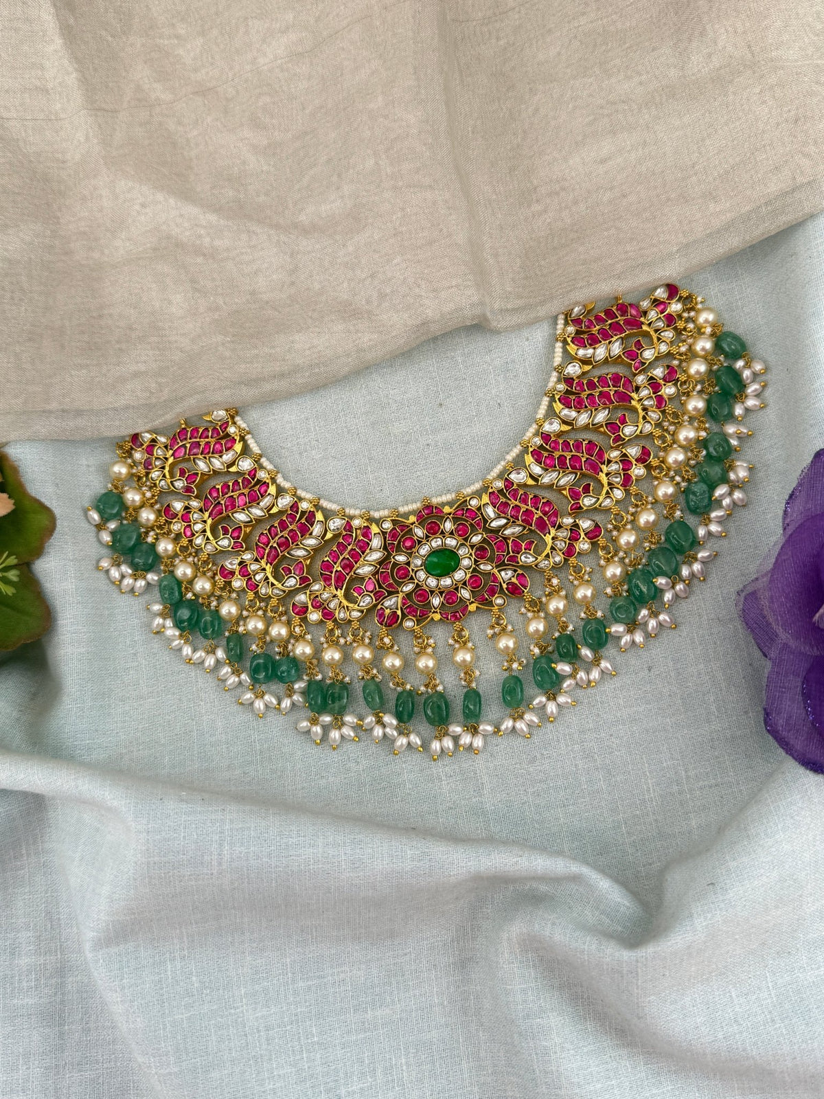 Jadau Kundan Grand Peacock Design Short Necklace Set | 102 - Mahilas