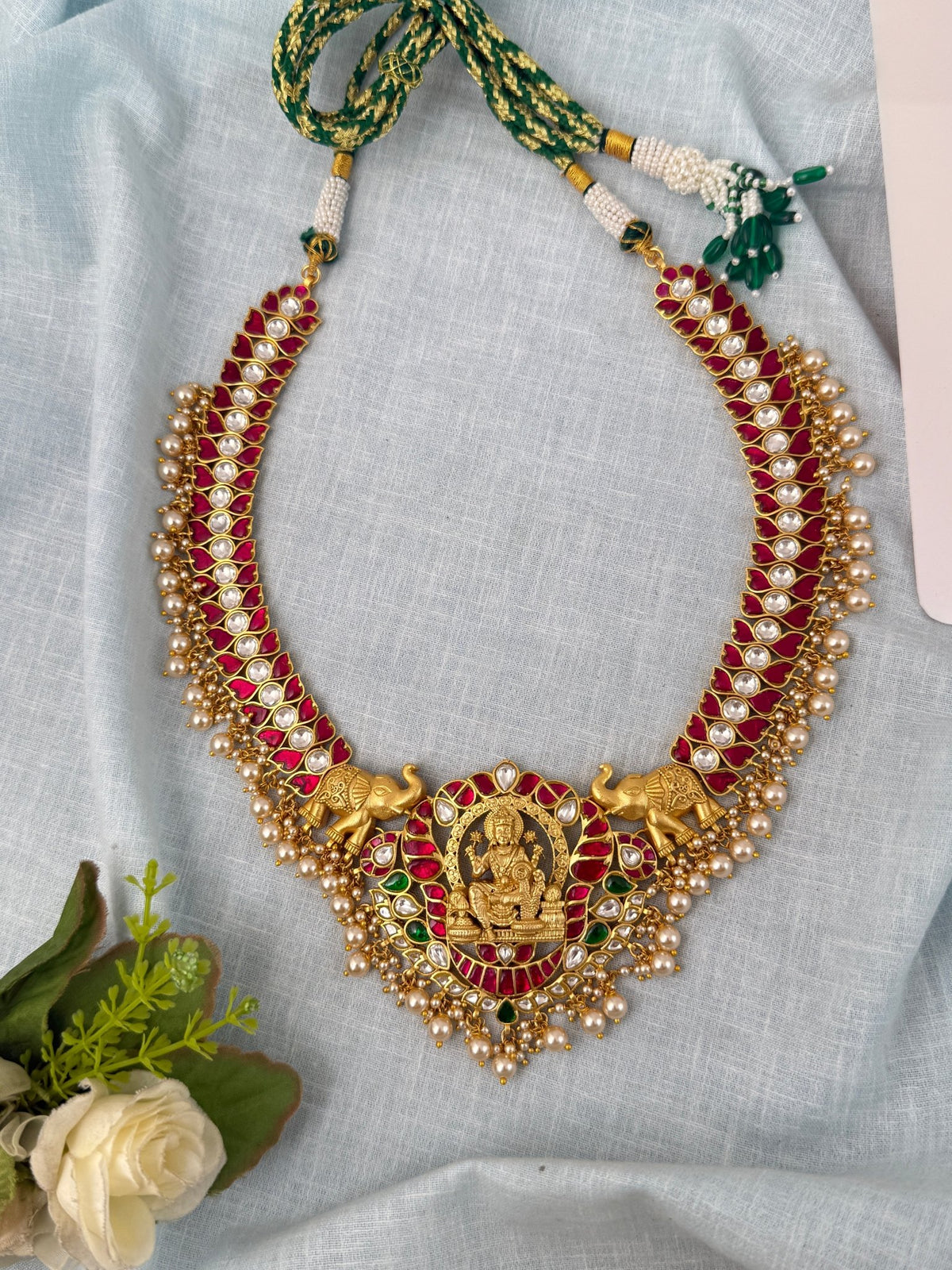 Jadau Kundan Necklace GajaLakshmi Pendant Premium | N0856 - Mahilas