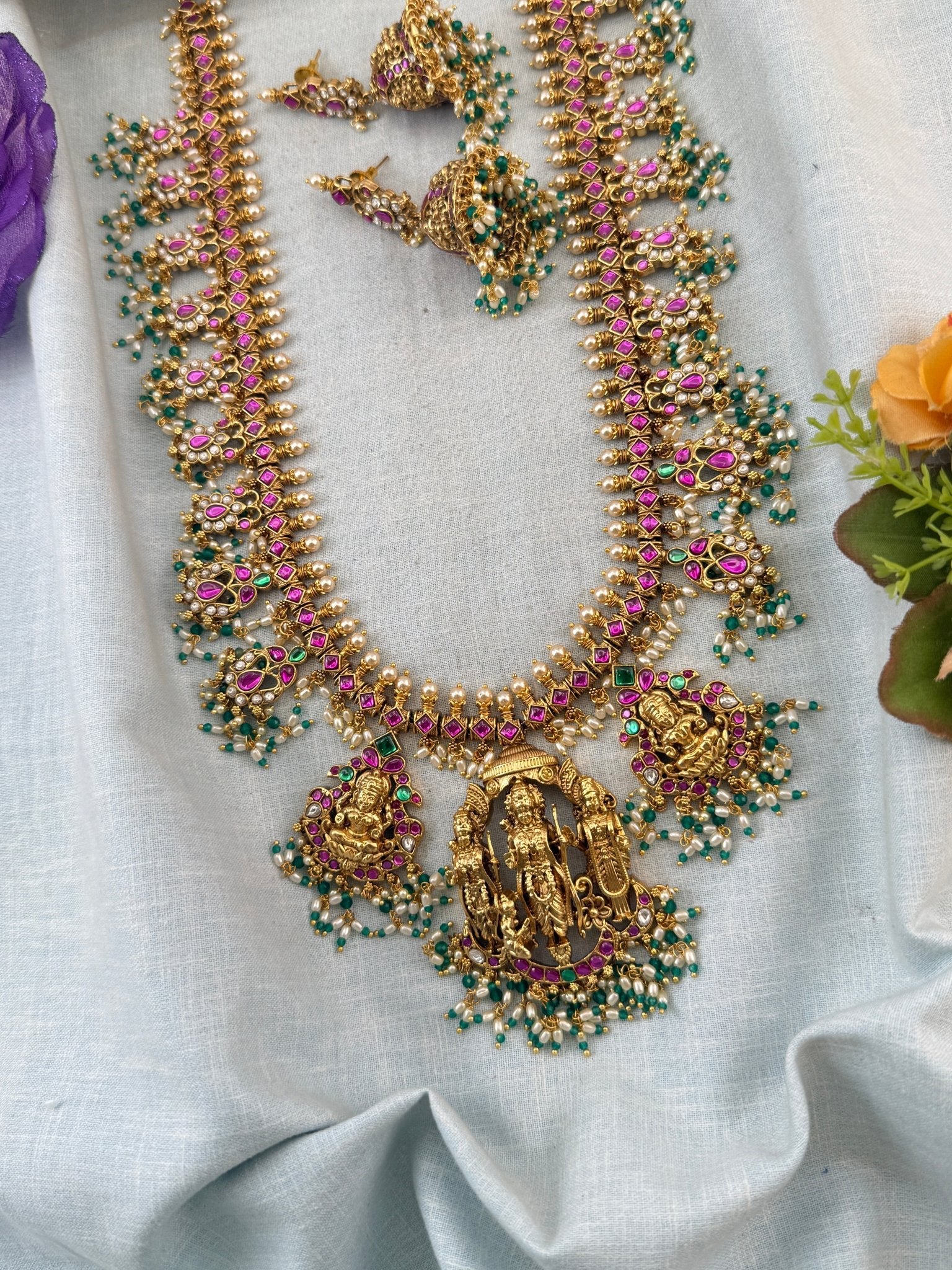 Jadau Kundan Necklace Guttapusalu Style Royal Long Set | N0034 - Mahilas