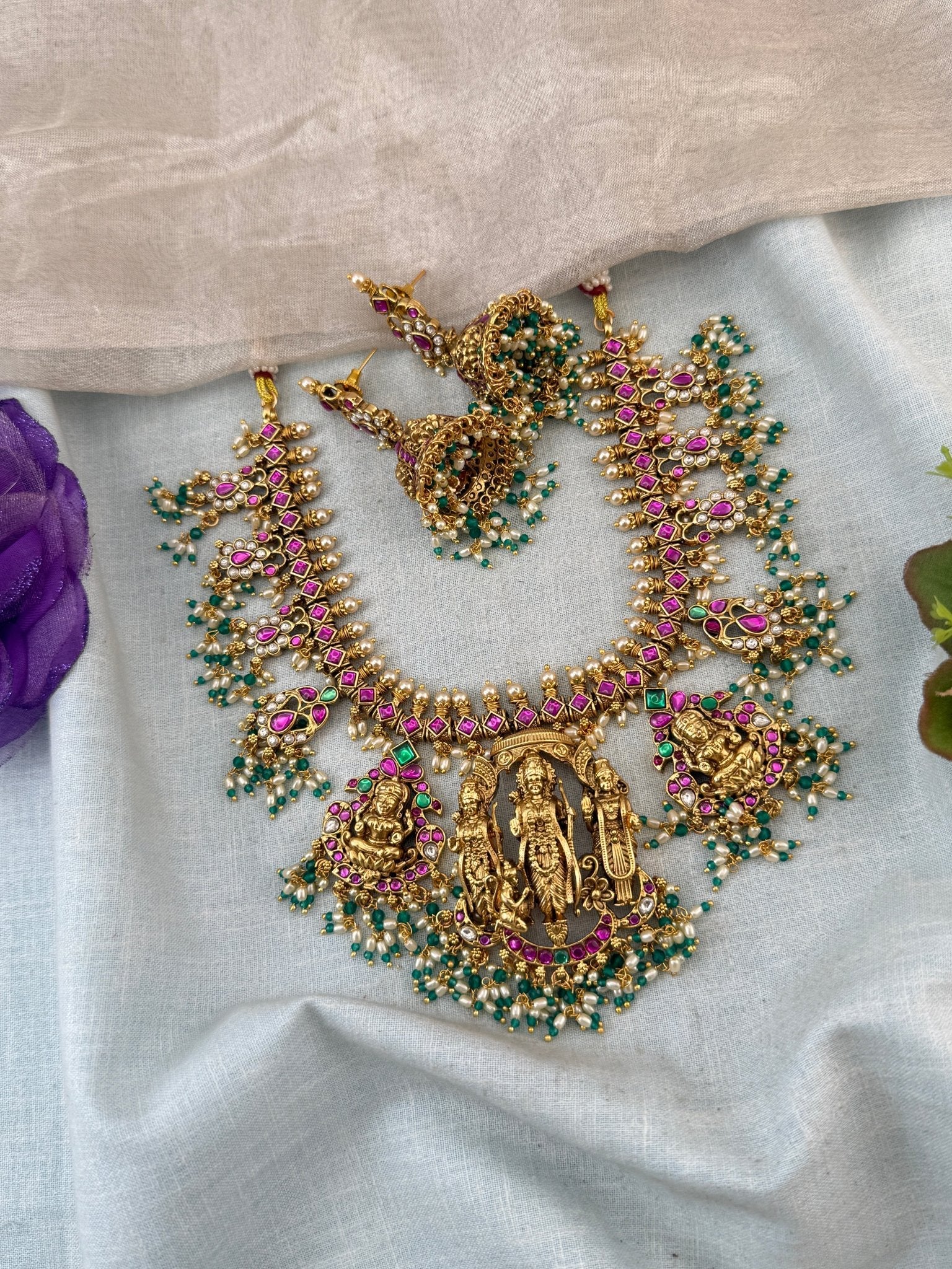 Jadau Kundan Necklace Ram Parivar Royal Short Set | N0021 - Mahilas