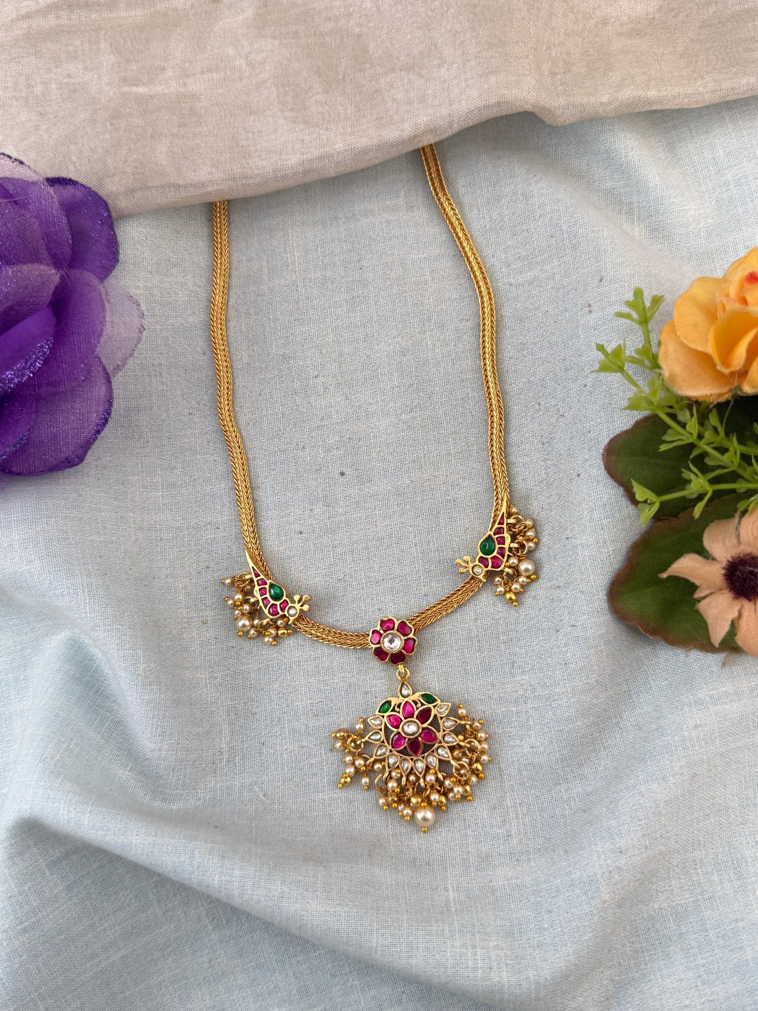 Jadau Necklace Peacock Pendant Chain Short Set | N0043 - Mahilas