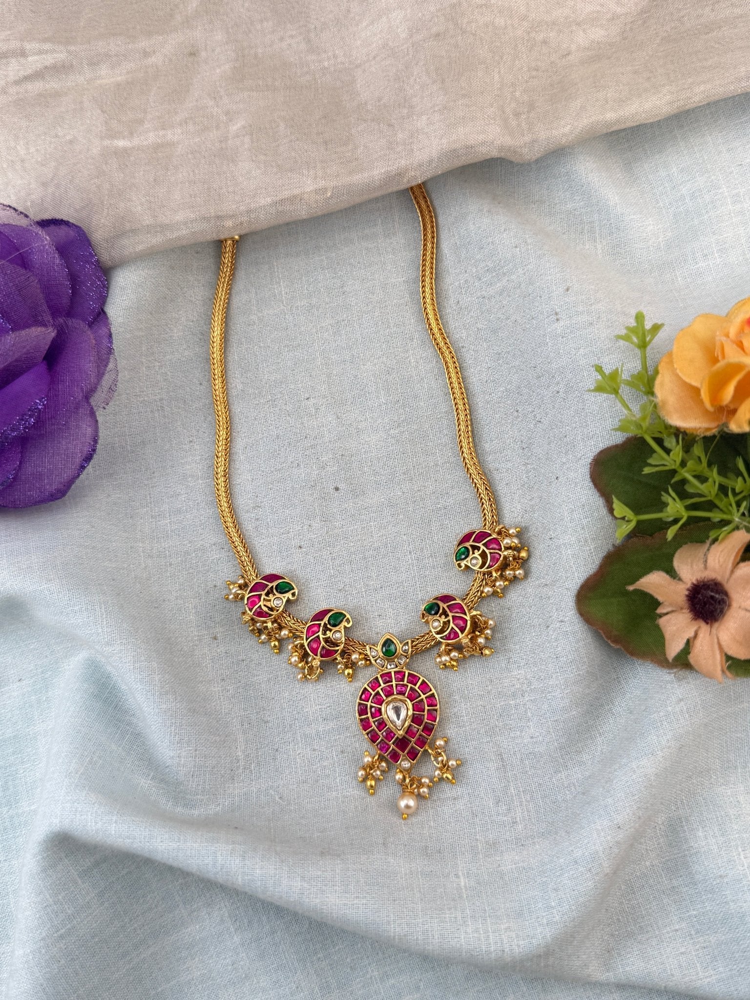 Jadau Necklace Peacock Pendant Short Set | N0048 - Mahilas