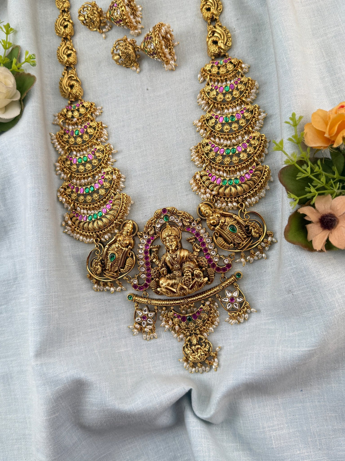 Jadau Premium Lakshmi Necklace Temple Long Set | N0022 - Mahilas