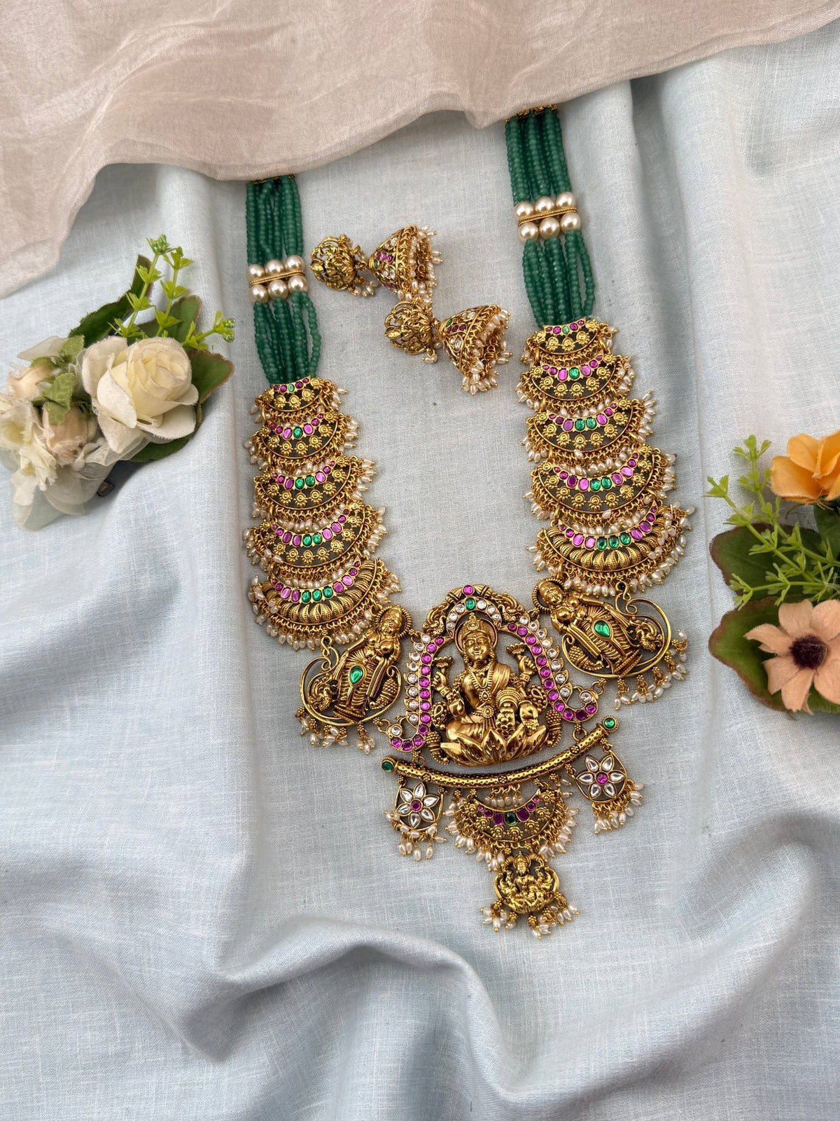 Jadau Premium Necklace Layered Temple Long Set | N0035 - Mahilas
