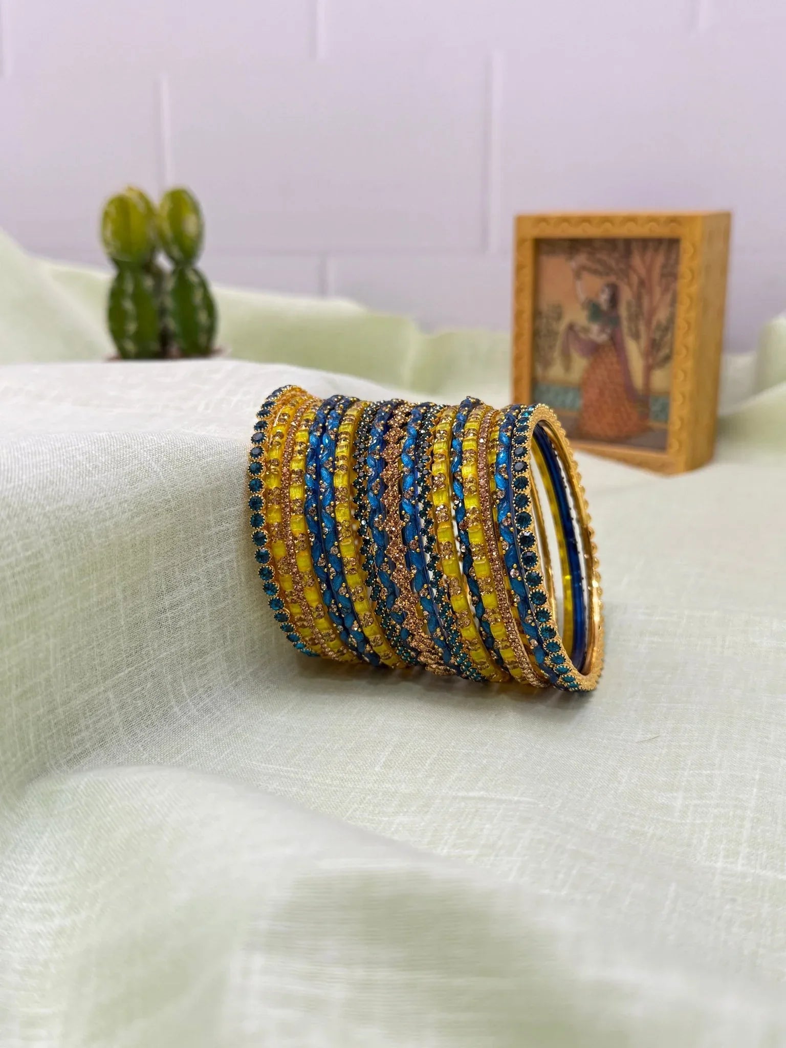 Lemon Yellow & Blue Premium Designer Bridal Bangle Set 5074 - Mahilas