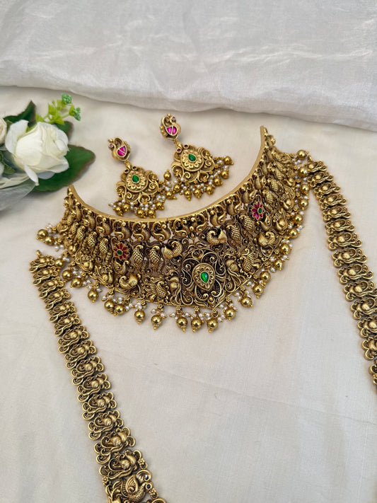 Luxurious Antique Bridal Necklace Set with Vaddanam 905 - Mahilas