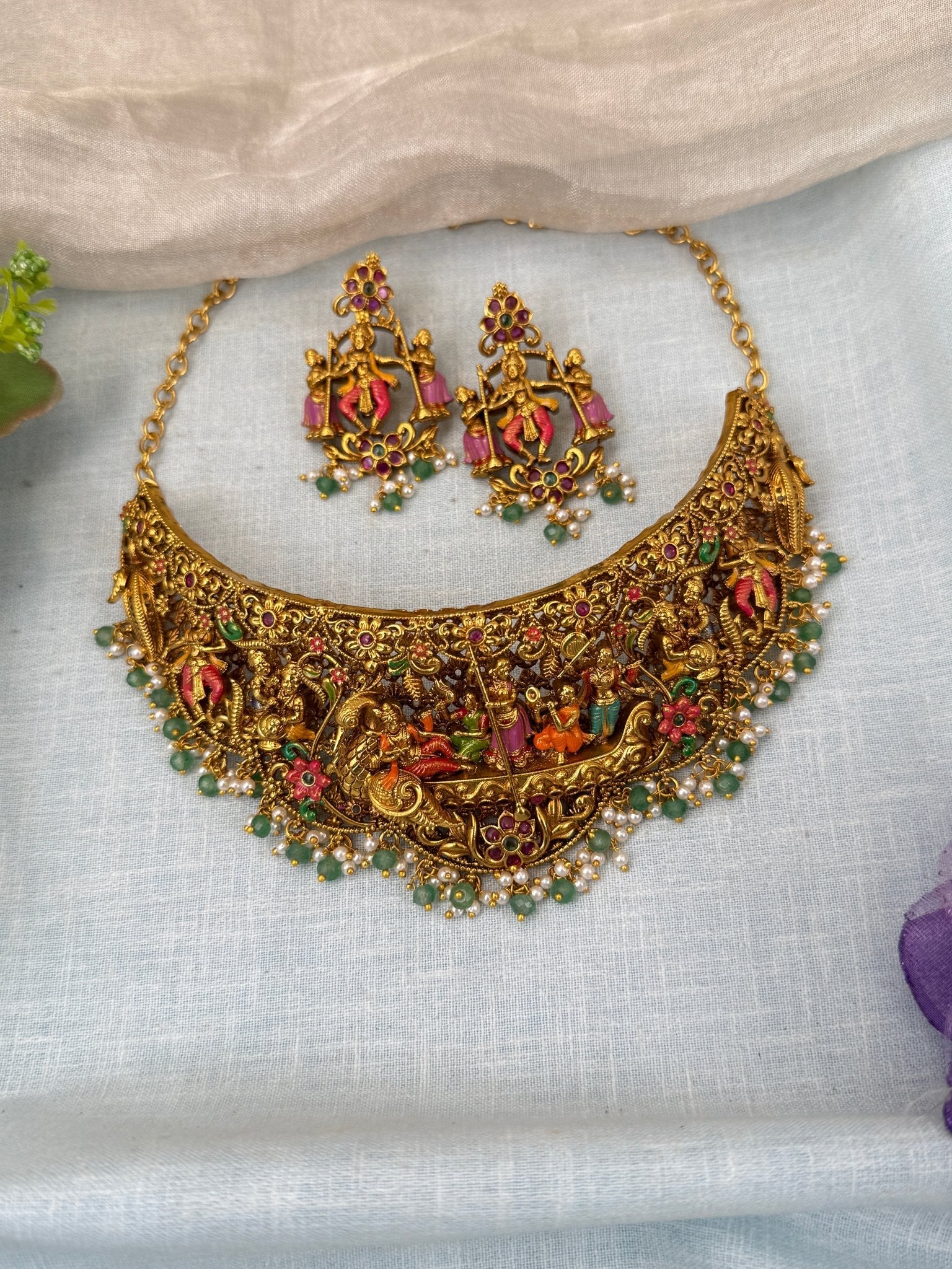 Luxurious Antique Celebration Theme Hand Painted Choker Necklace Set 0590 - Mahilas
