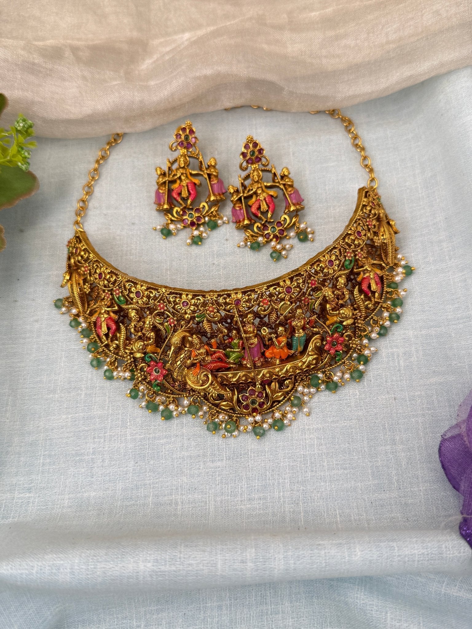 Luxurious Antique Celebration Theme Hand Painted Choker Necklace Set 0590 - Mahilas