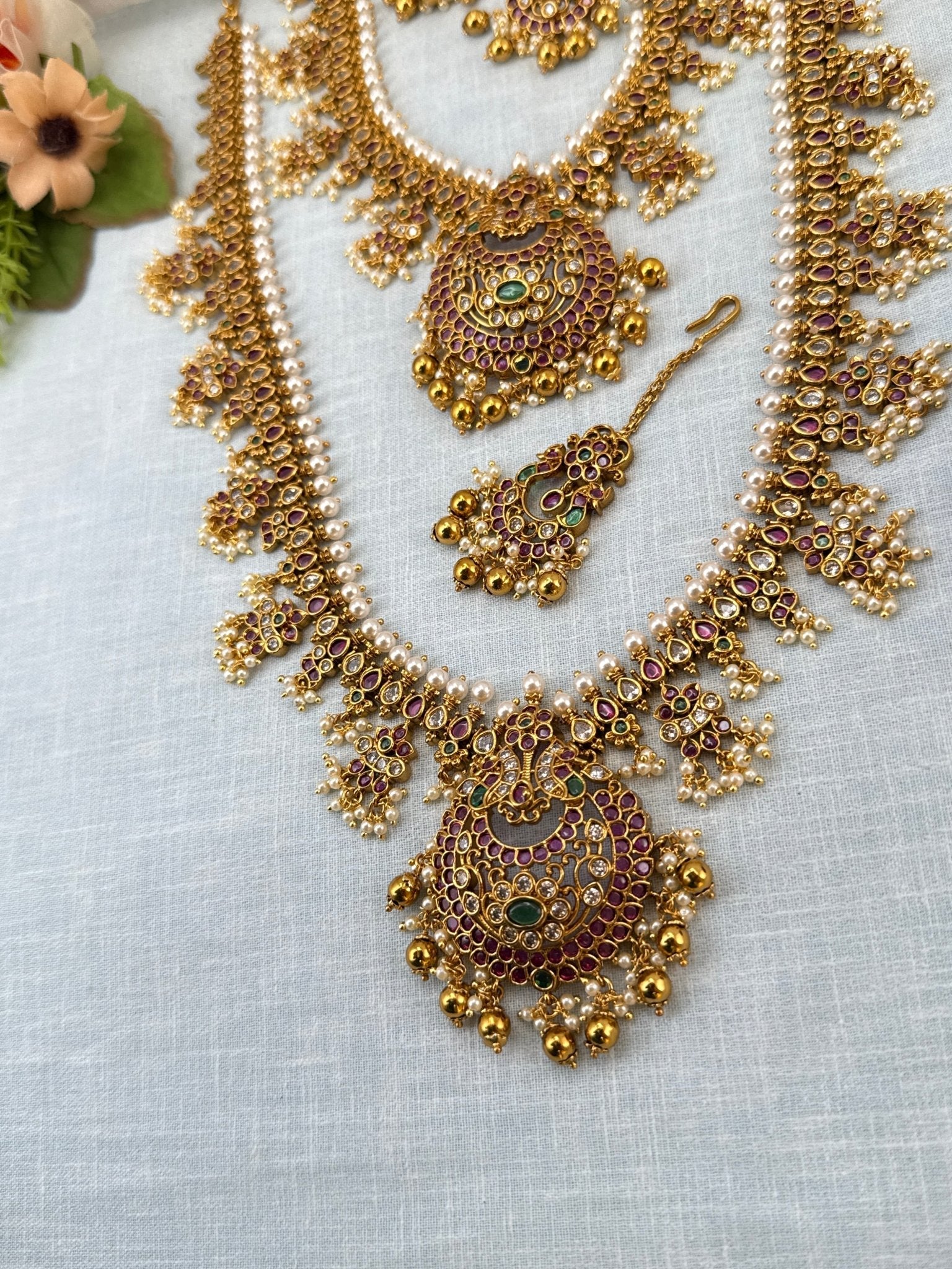 Luxurious Antique Guttapusalu Style Semi Bridal Necklace Set 0923 - Mahilas