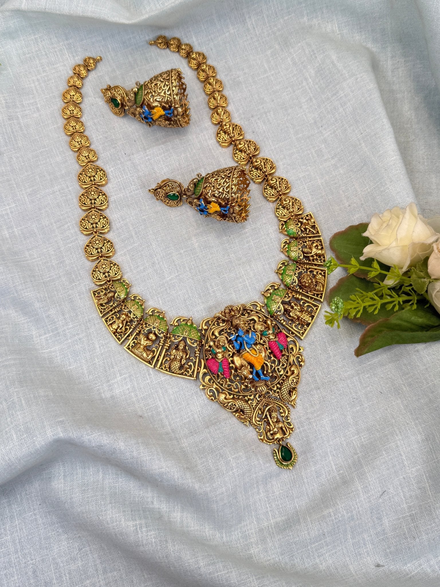 Luxurious Antique Hand Paint Krishna Long Necklace Set 0332 - Mahilas