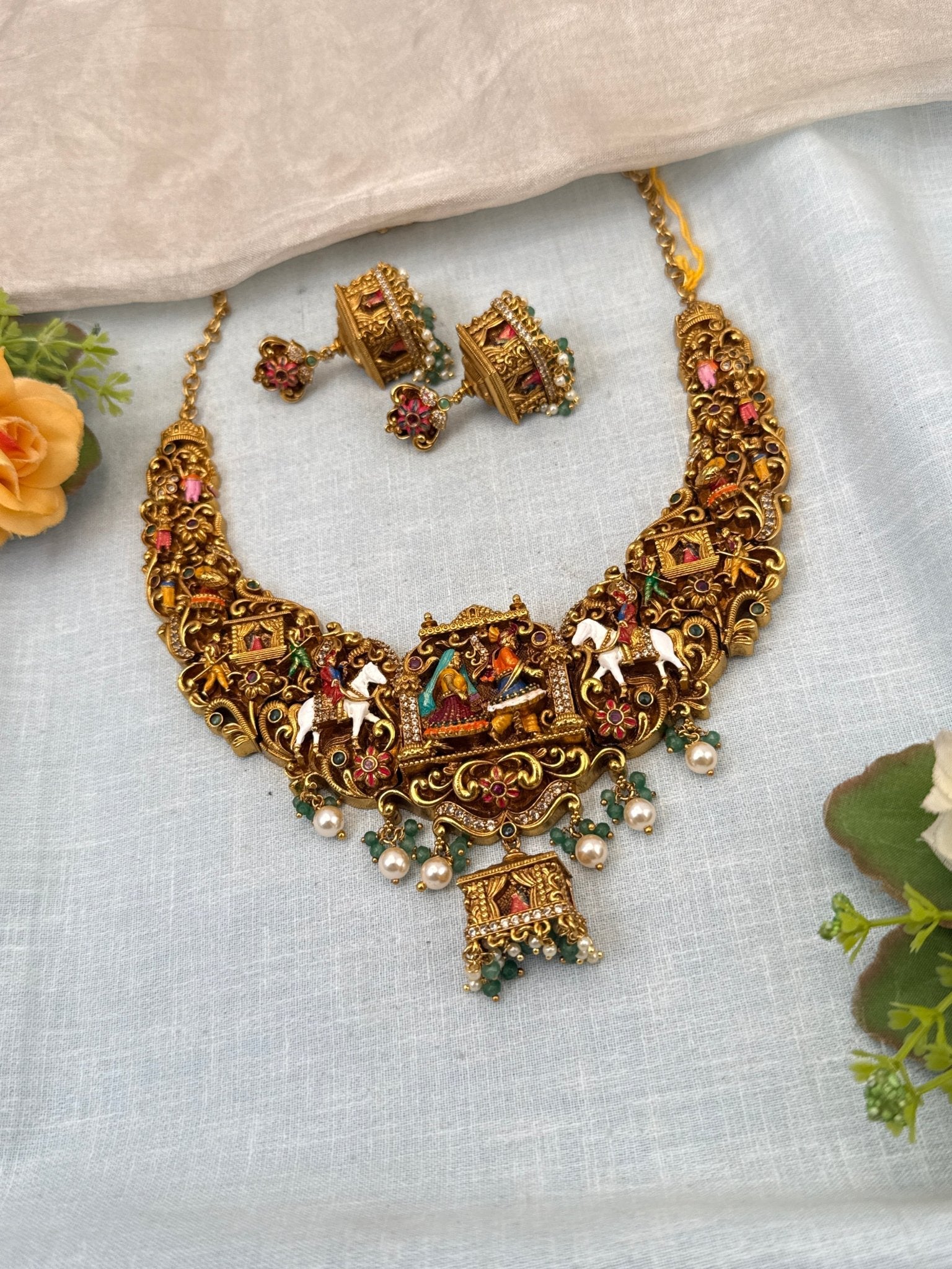Luxurious Antique Hand Painted Choker Necklace Set 0767 - Mahilas