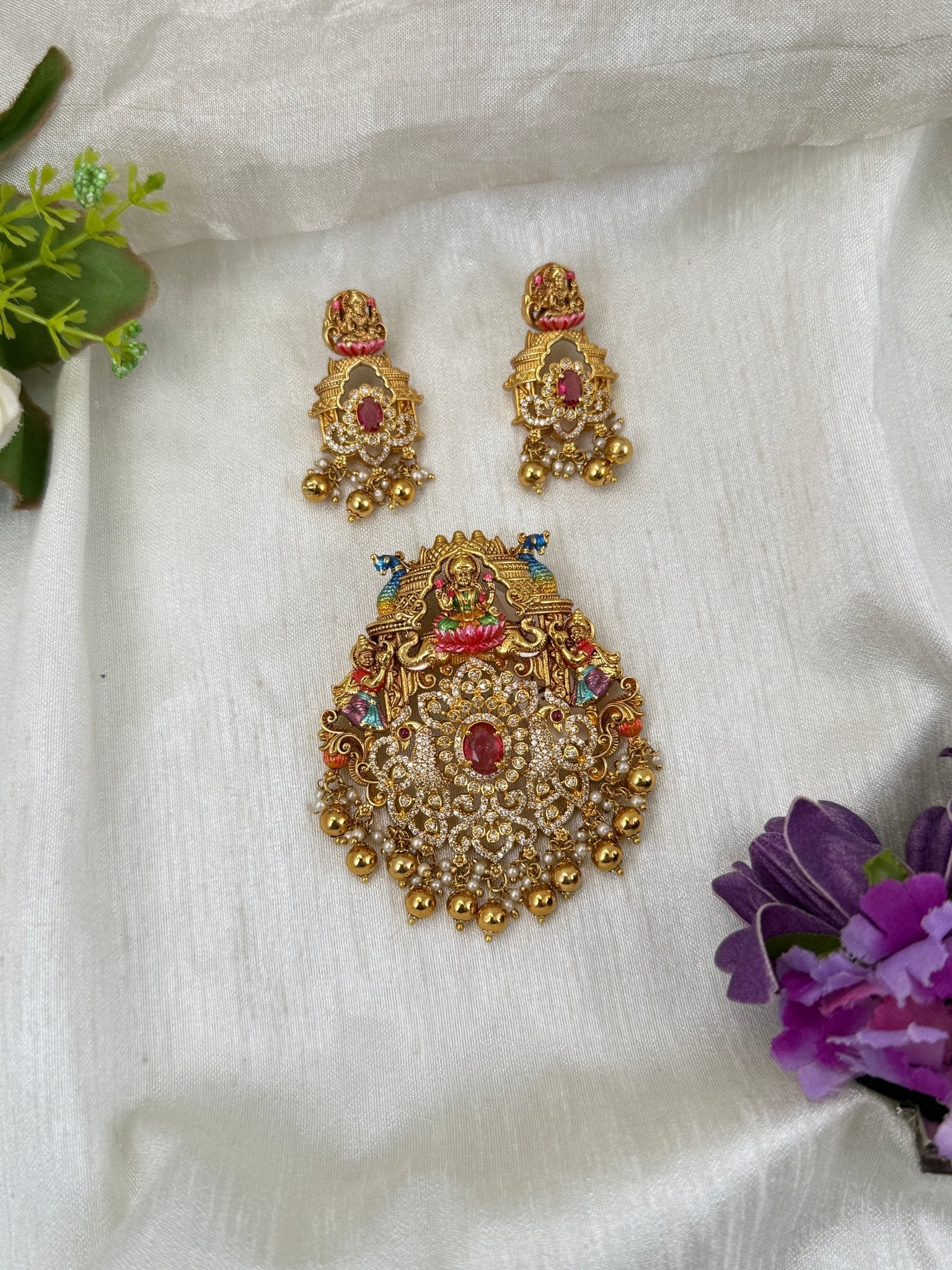 Luxurious Antique Hand Painted Lakshmi Pendant Set 238 - Mahilas