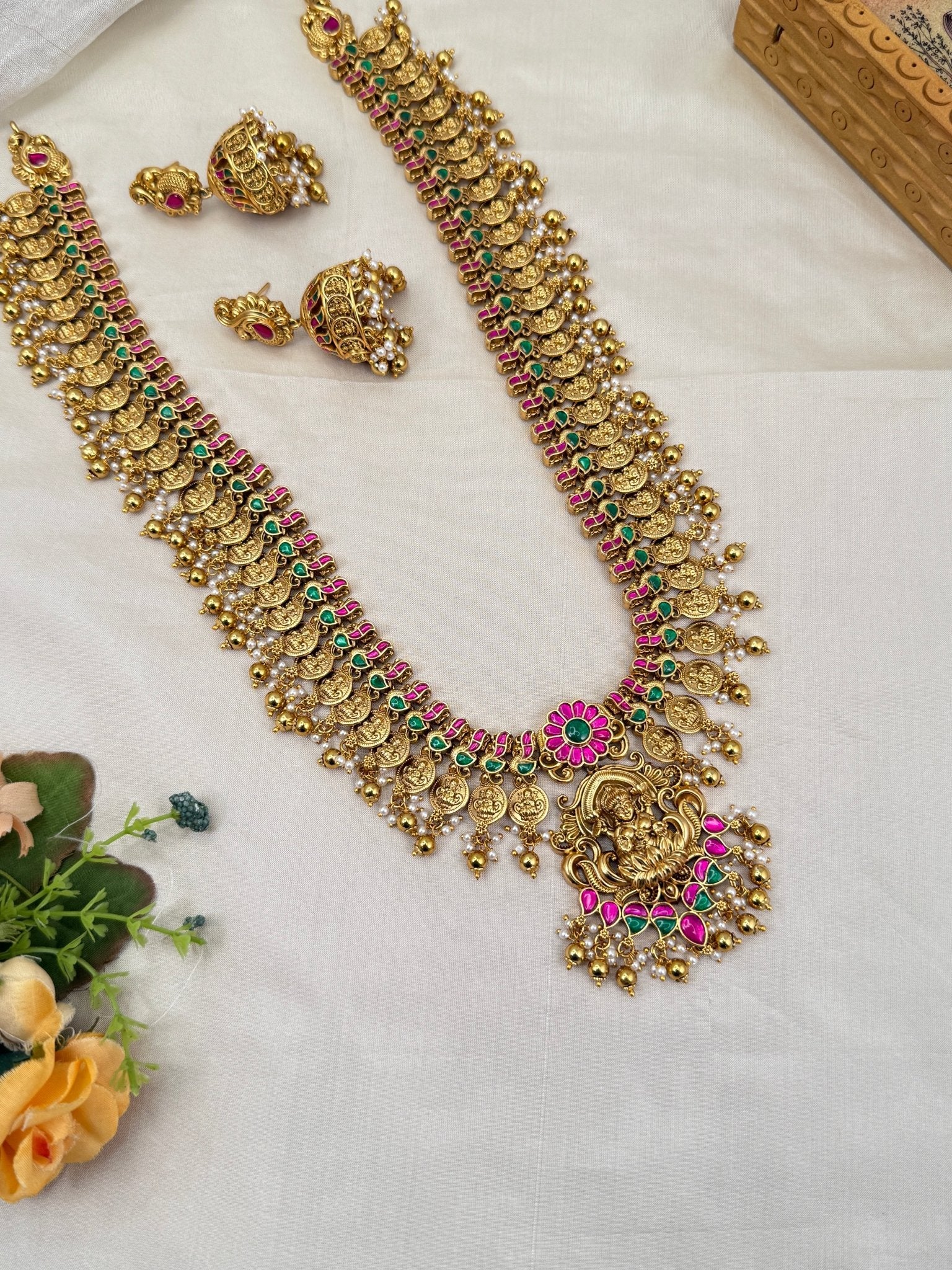 Luxurious Antique Jadau Kaasu Long Necklace Set 750 - Mahilas