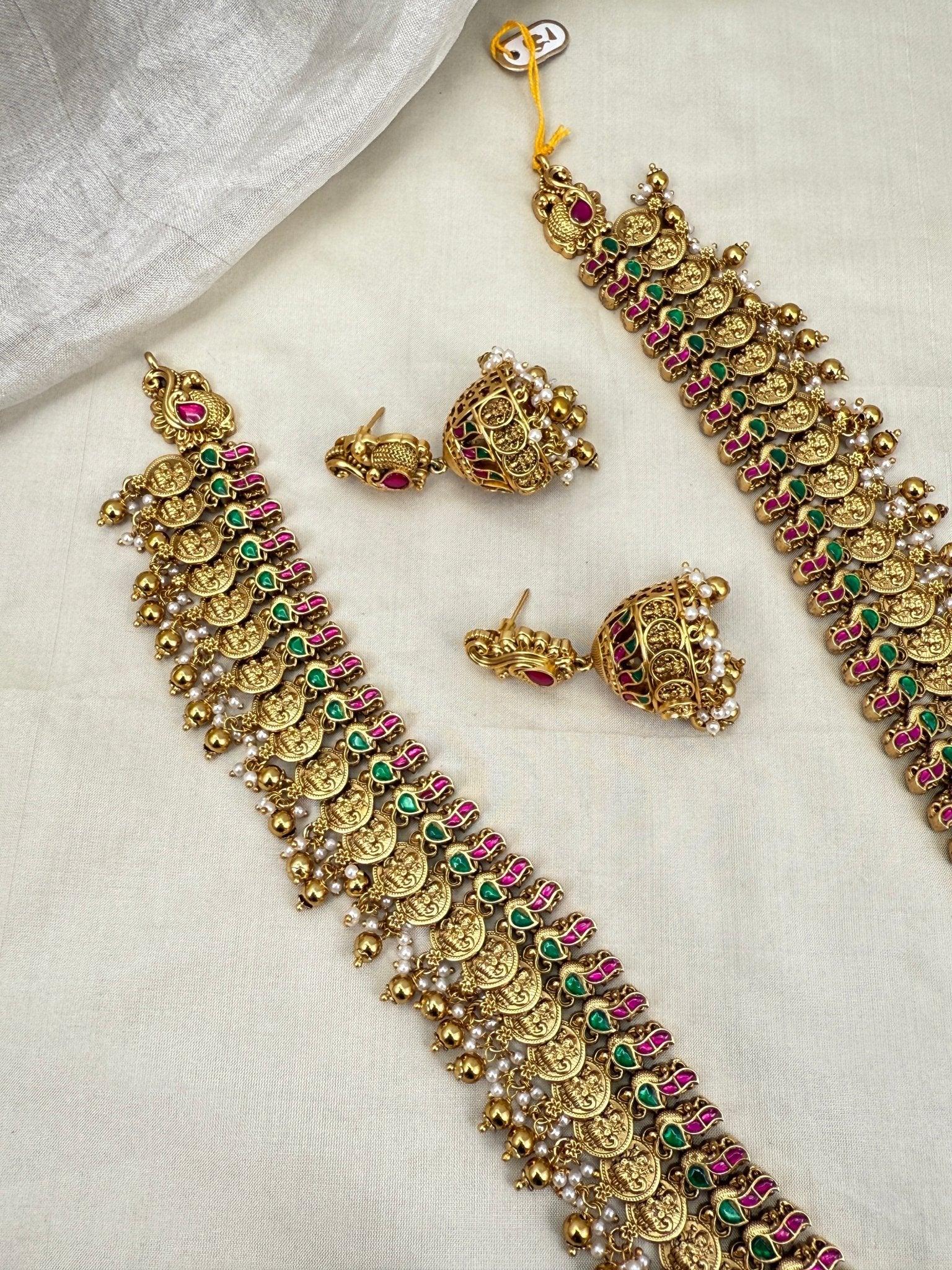 Luxurious Antique Jadau Kaasu Long Necklace Set 750 - Mahilas