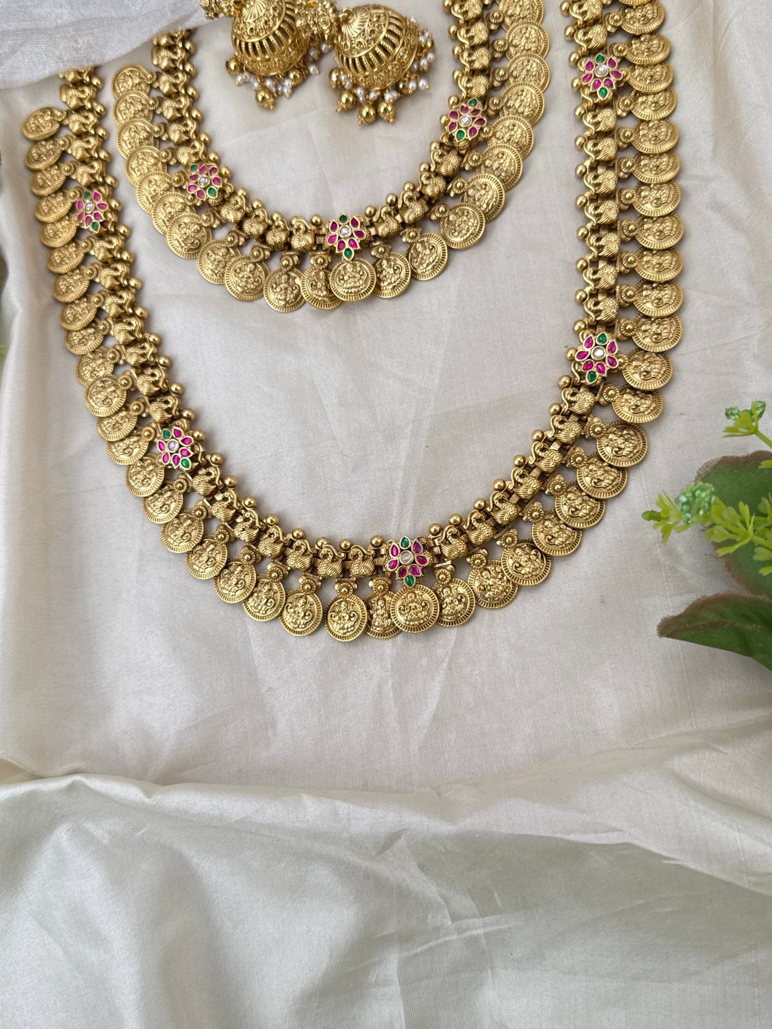 Luxurious Antique Kaasu Jadau Bridal Necklace Set 1027 - Mahilas