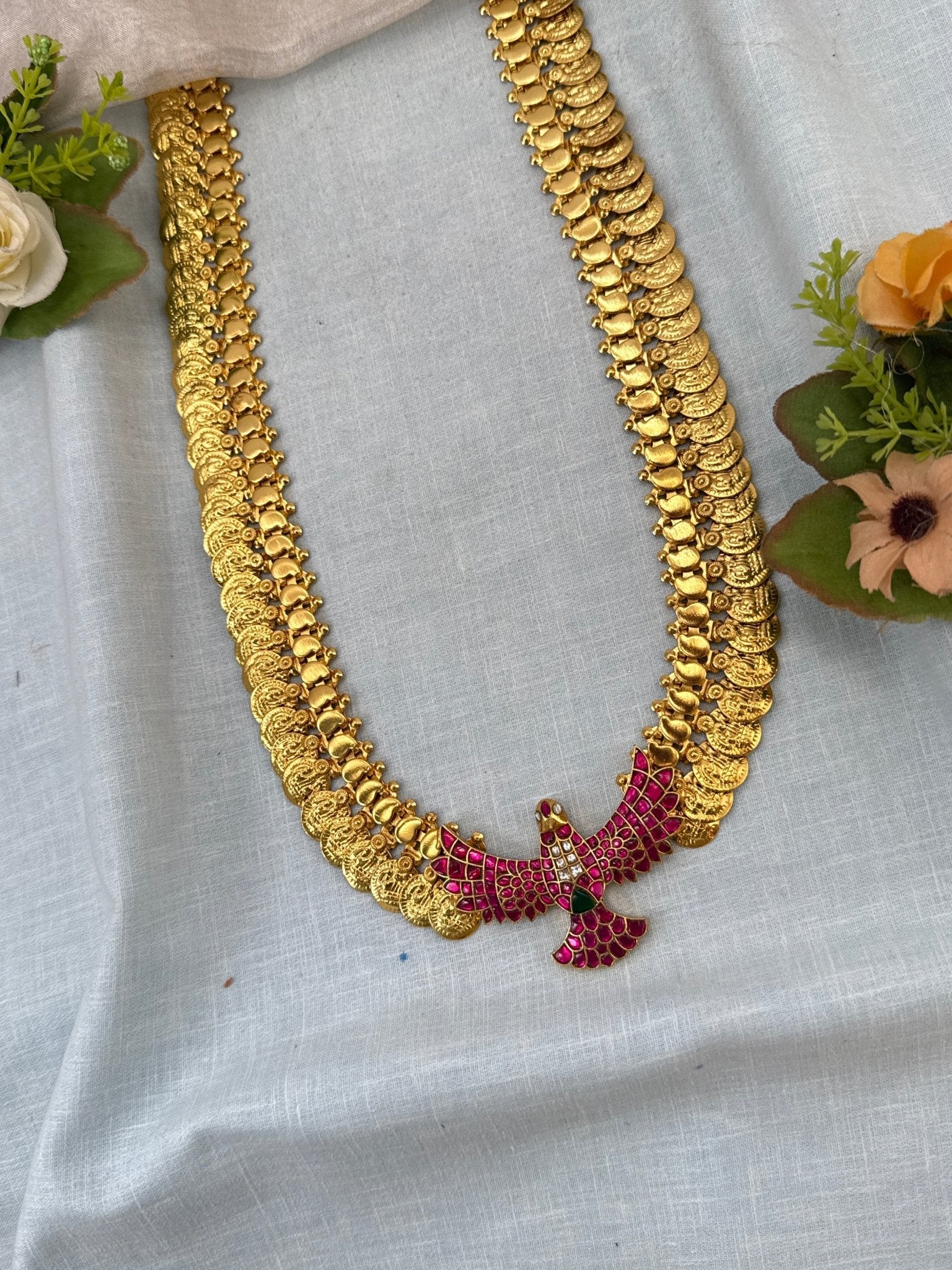 Luxurious Antique Kaasu Jadau Garuda Pendant Long Necklace 1042 - Mahilas