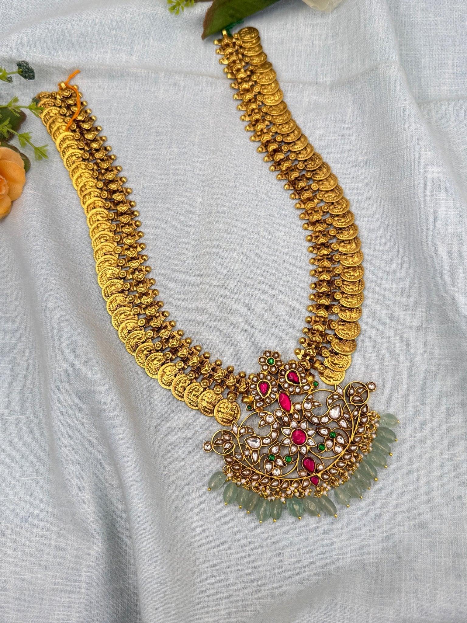 Luxurious Antique Kaasu Jadau Mango Pendant Necklace Set 0254 - Mahilas